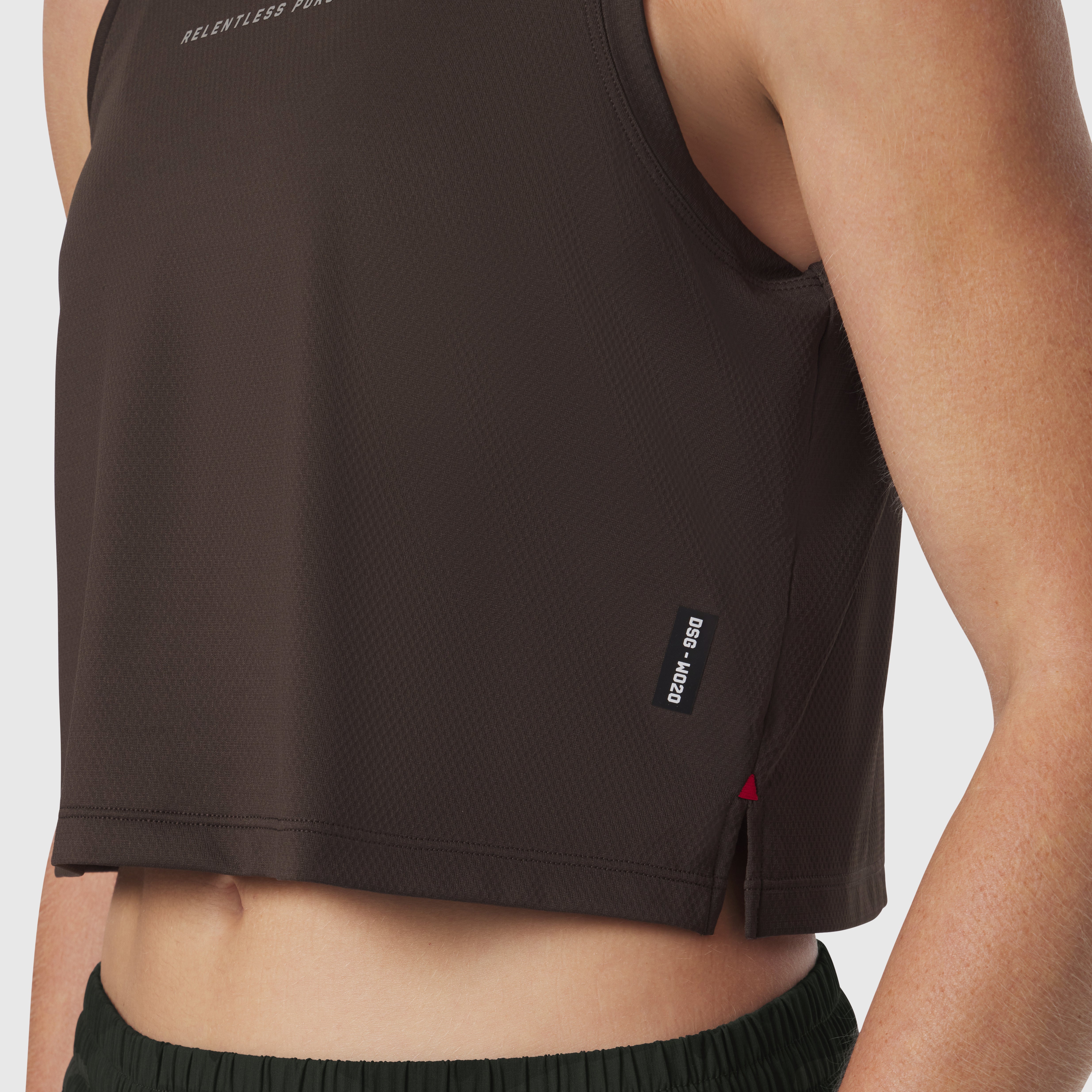 AeroSilver® tank top in dark earth, worn by model showing side view