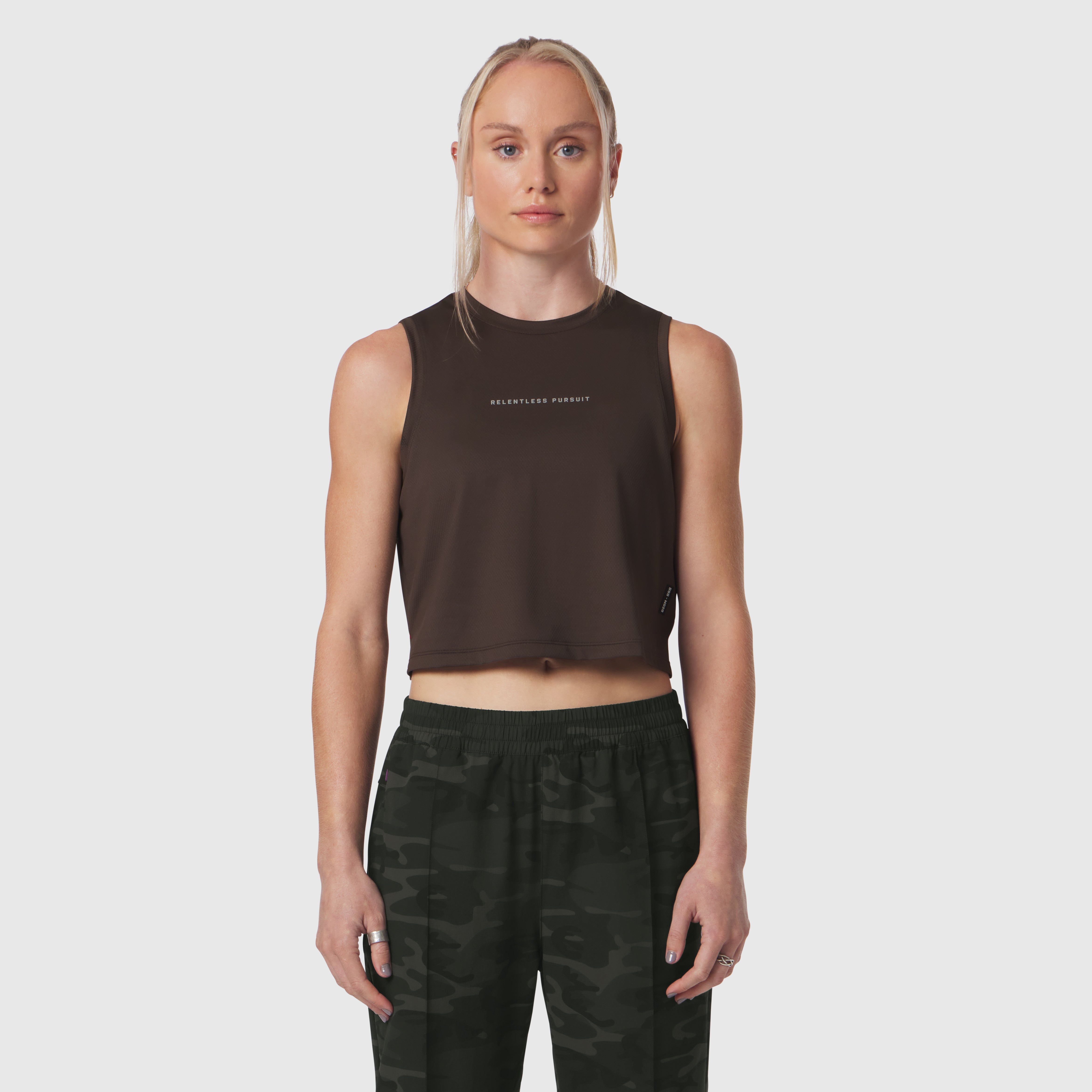 AeroSilver® tank top in dark earth, worn by model, front view