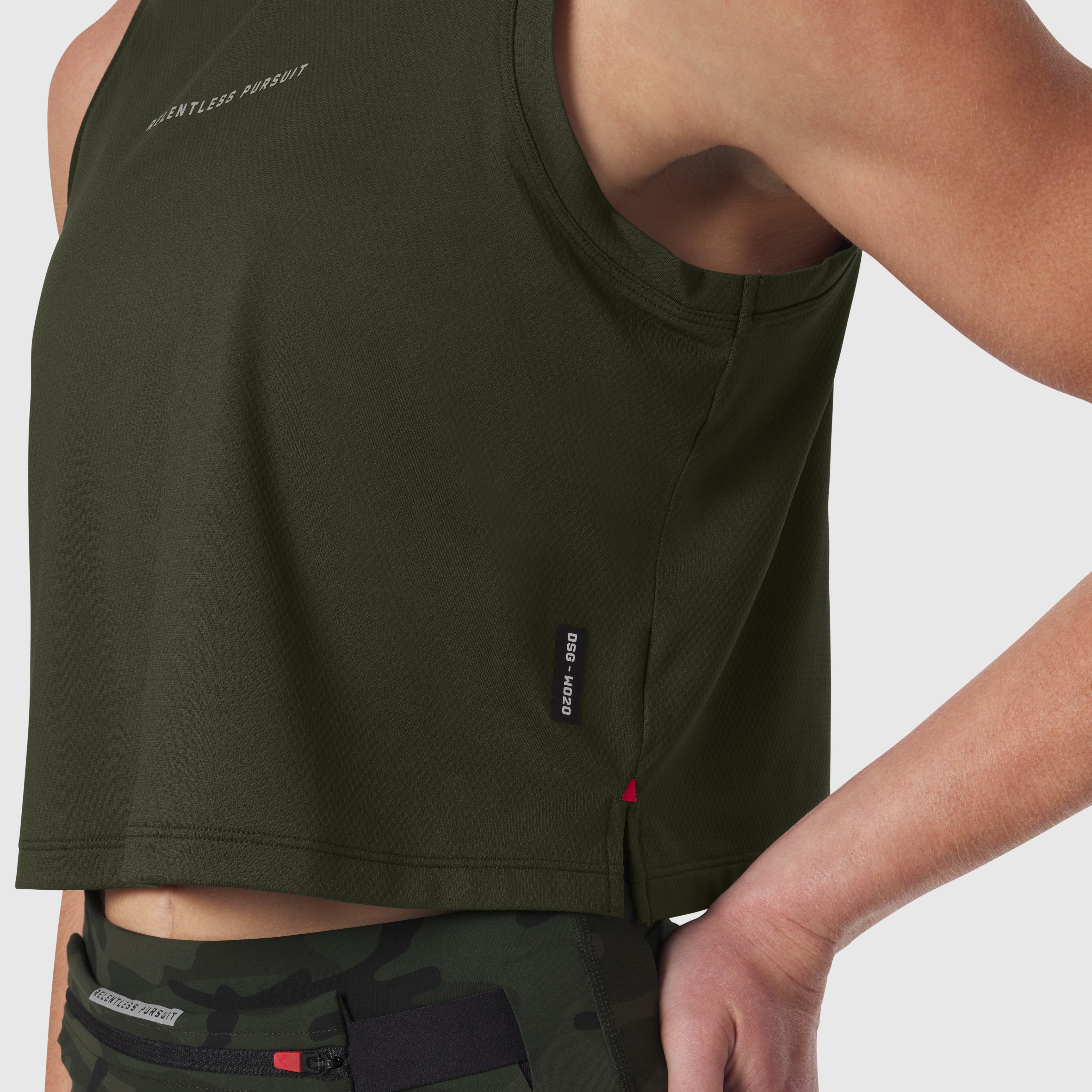AeroSilver® Tank Top in olive, worn by model showing front and side view