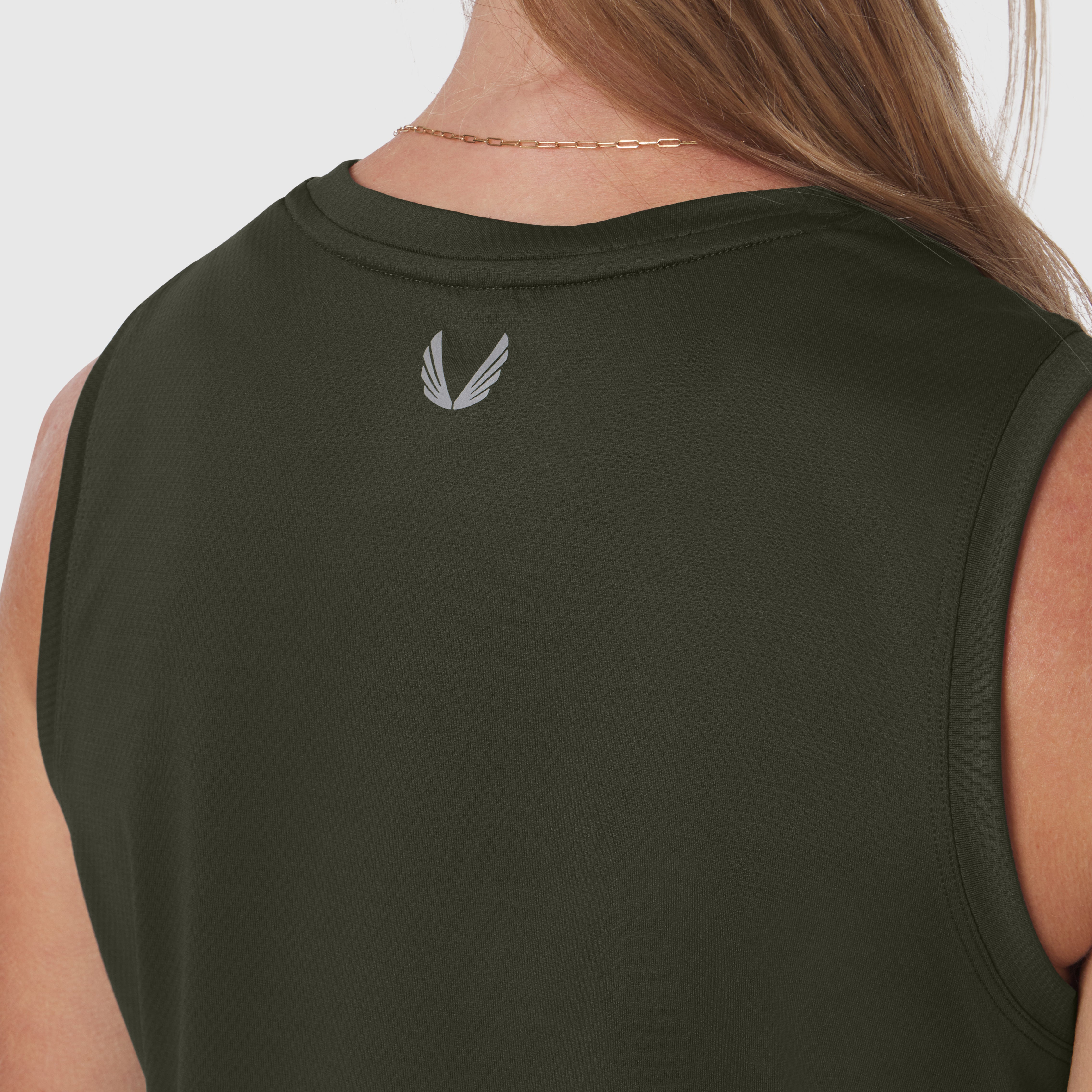 AeroSilver® Tank Top in olive, worn by model showing back view with logo detail