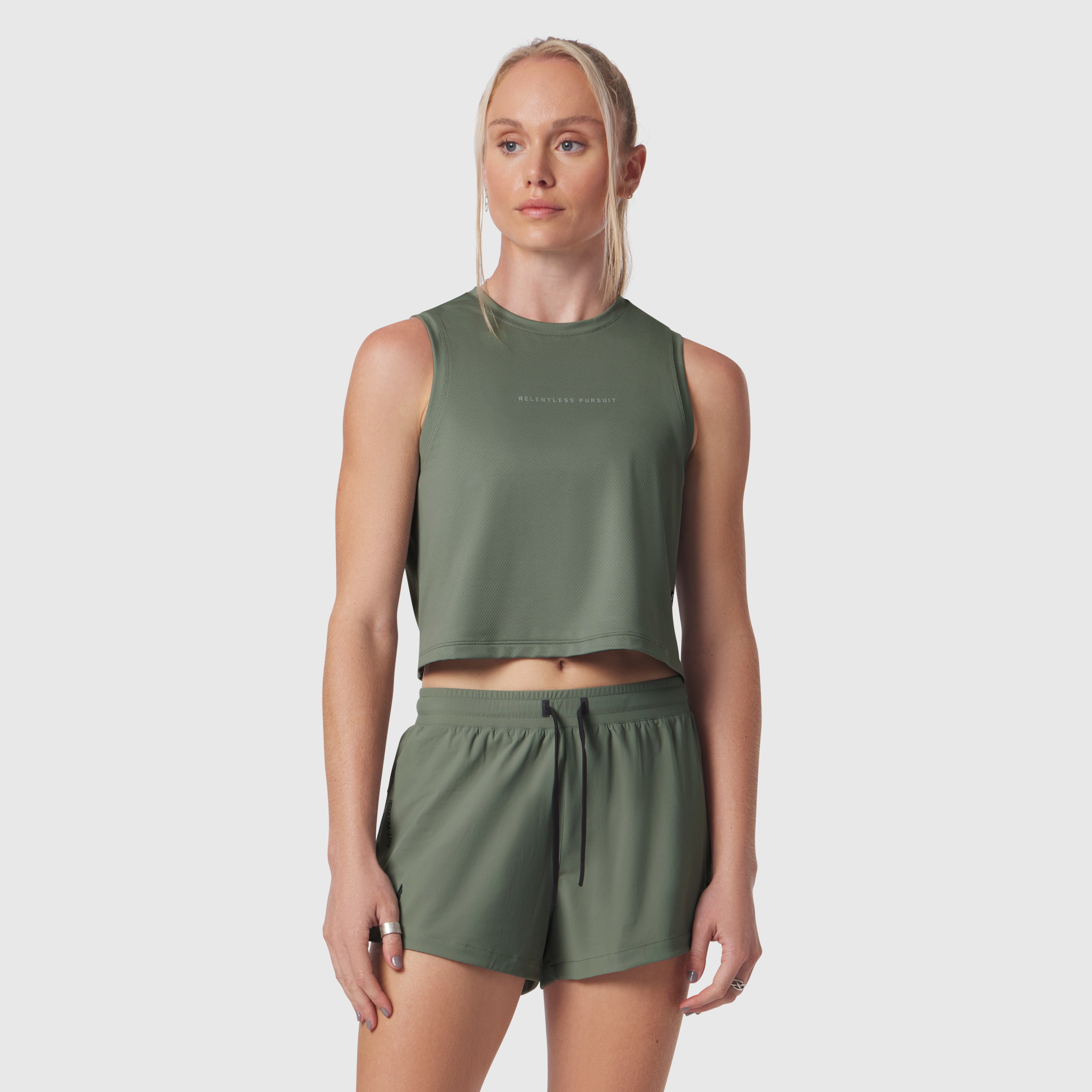 AeroSilver® Tank Top in sage worn with matching shorts, front view