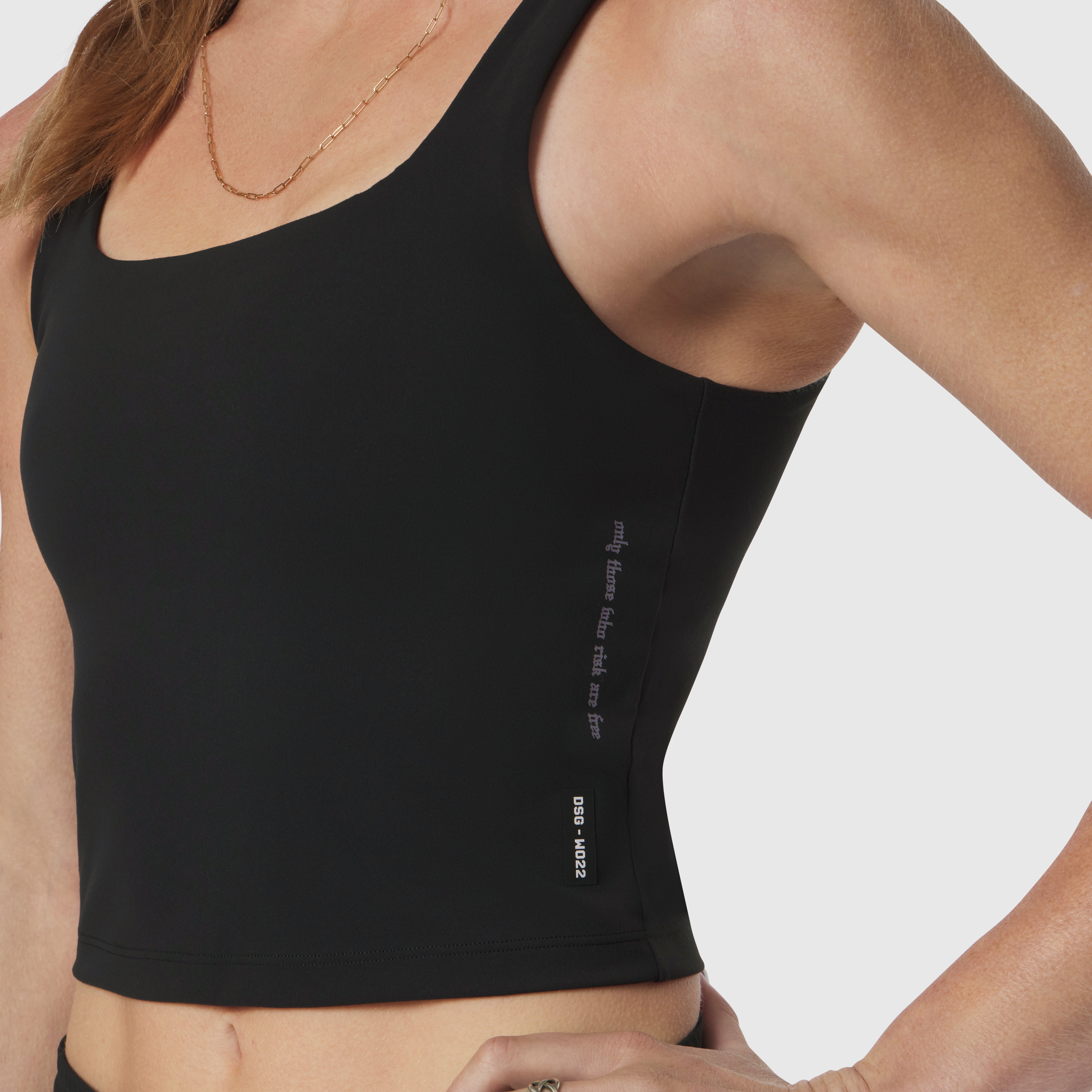 Black LYCRA® 2-in-1 tank top worn by model, front angled view