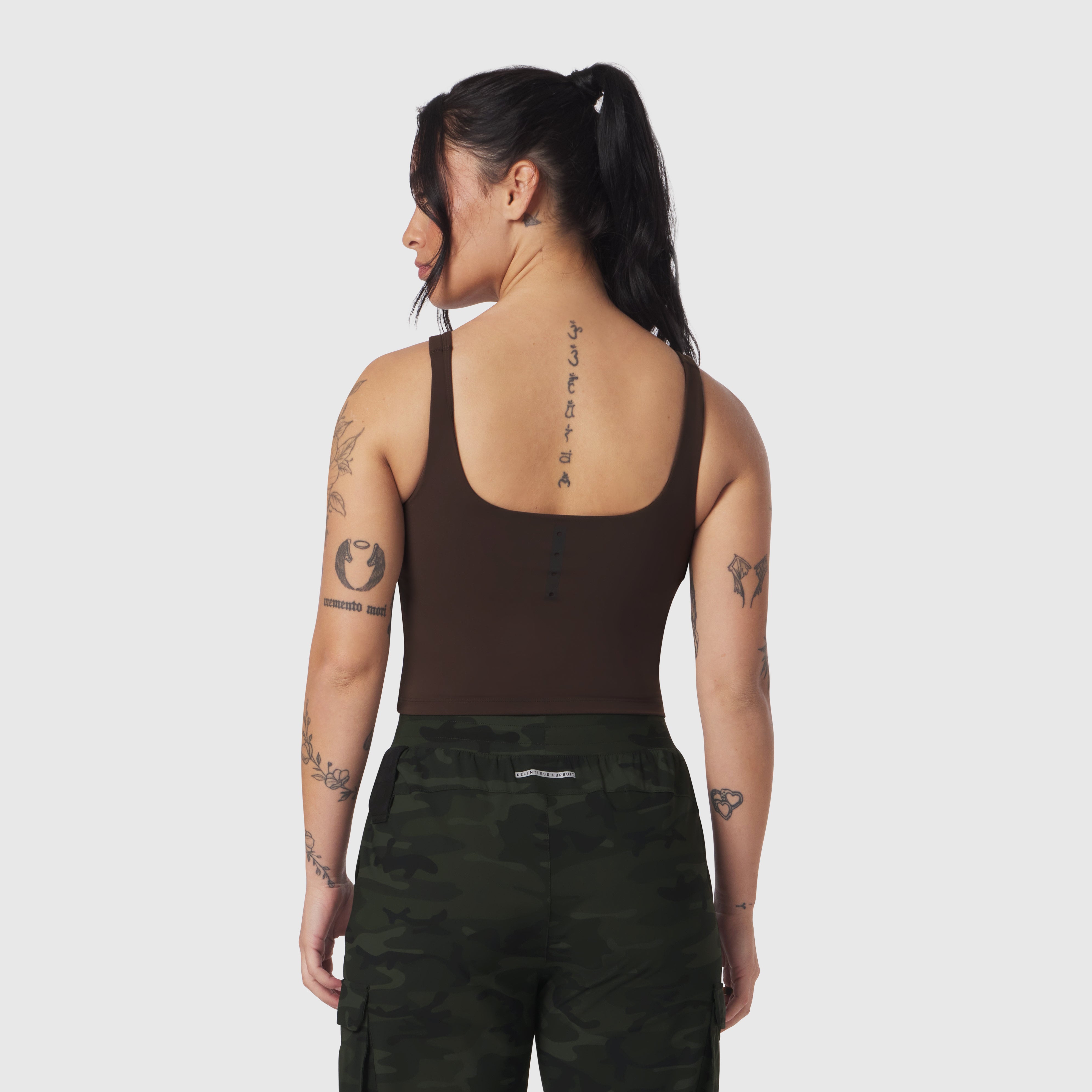 W022 Lycra 2-in-1 tank top in dark brown, rear view on model