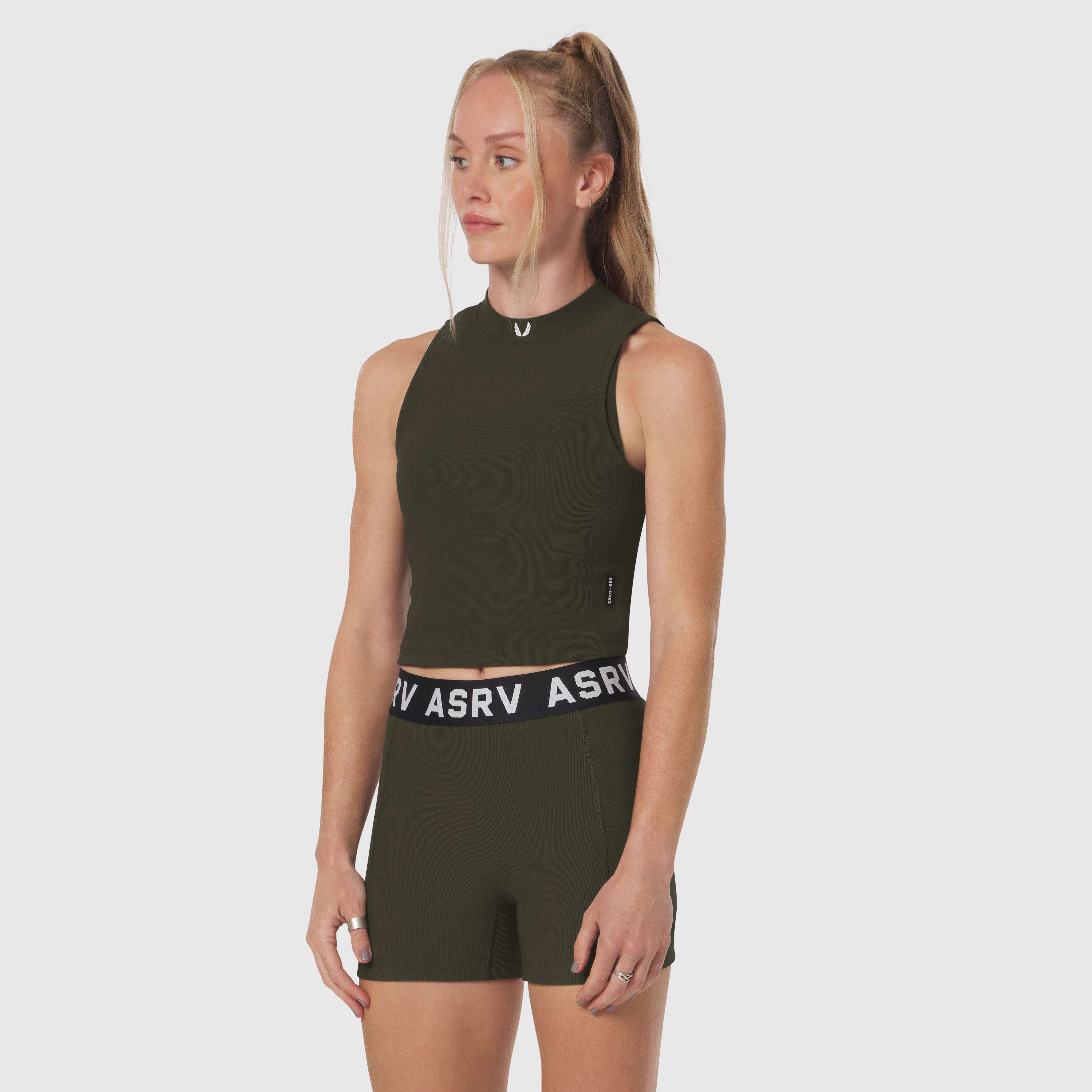 Lycra Ribbed Mockneck Tank in olive worn by model, front view