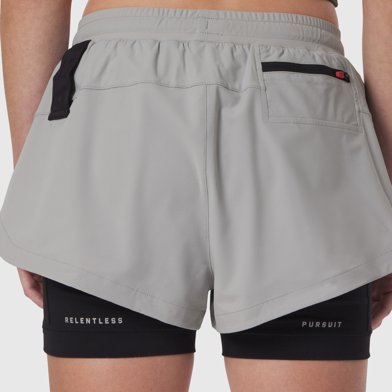 Tetra-Lite Liner Short in Slate Grey worn by model, back view showing layered design