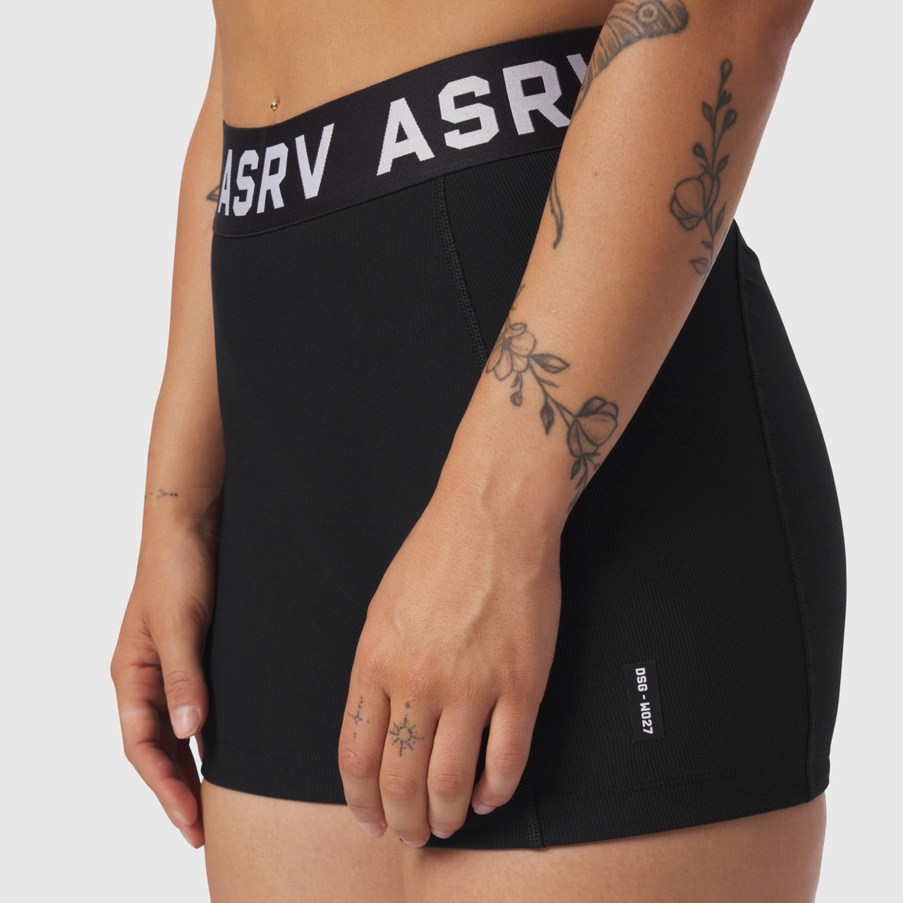 ASRV Lycra Ribbed Short in black worn by model, side view