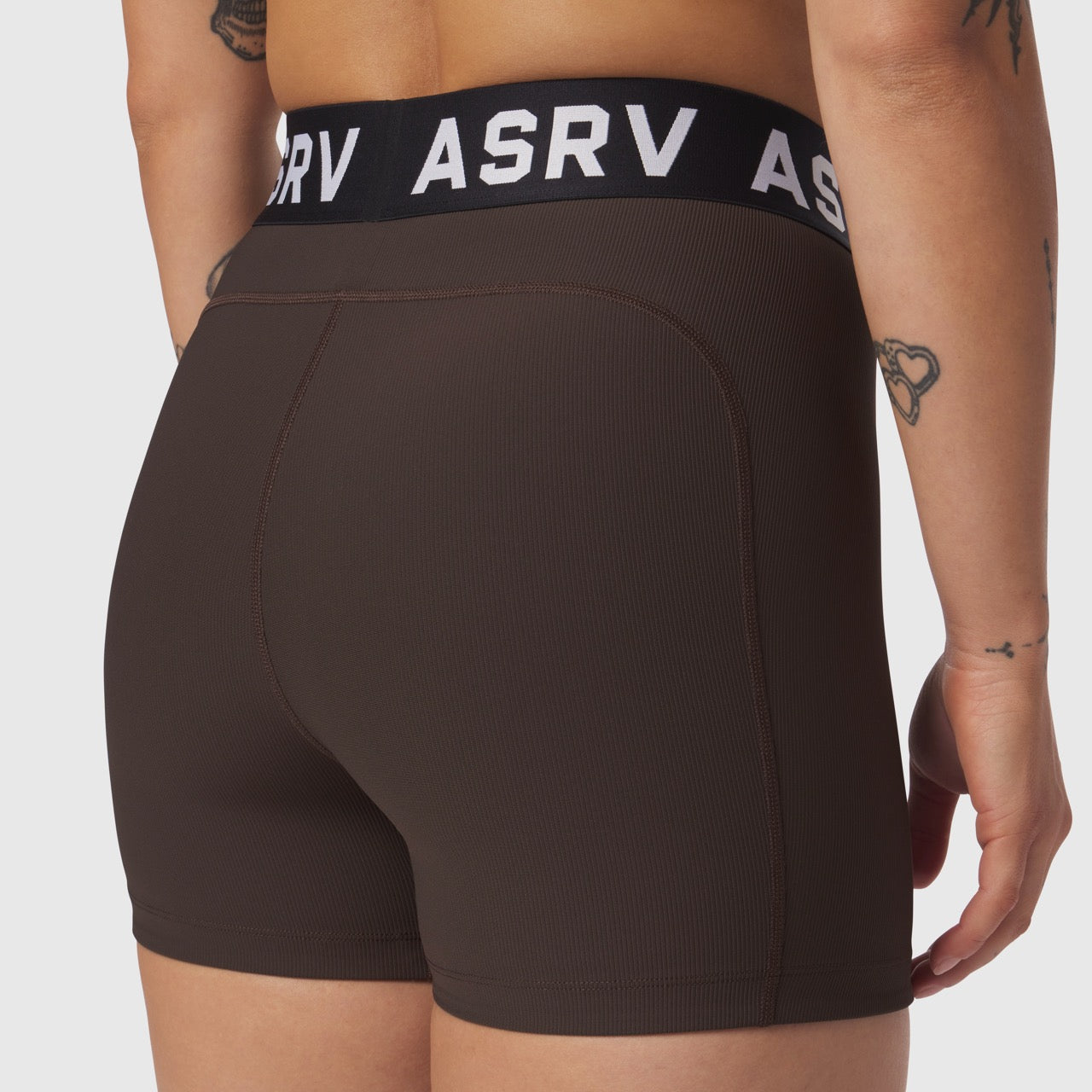 LYCRA® Ribbed Short in Dark Earth, back view on model