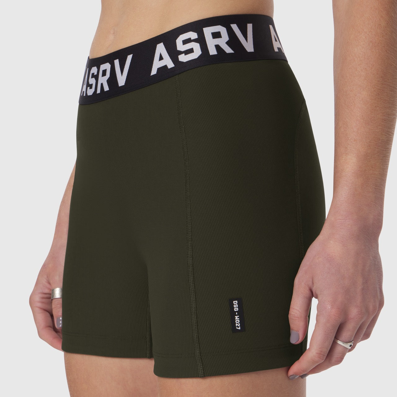 ASRV Lycra Ribbed Short in olive worn by model, side view