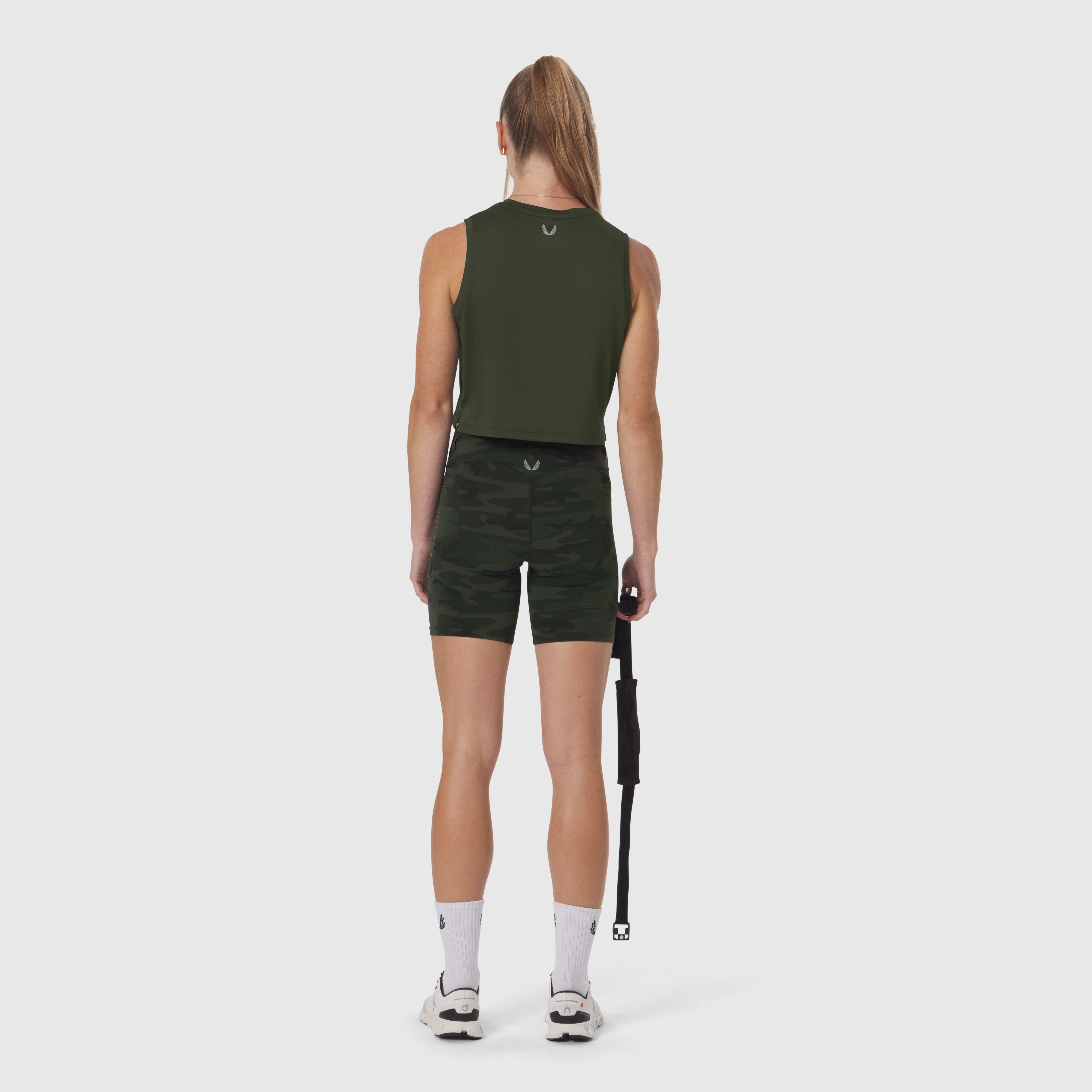 W029 Lycra 3-in-1 Biker Short in Dark Camo, back view on model