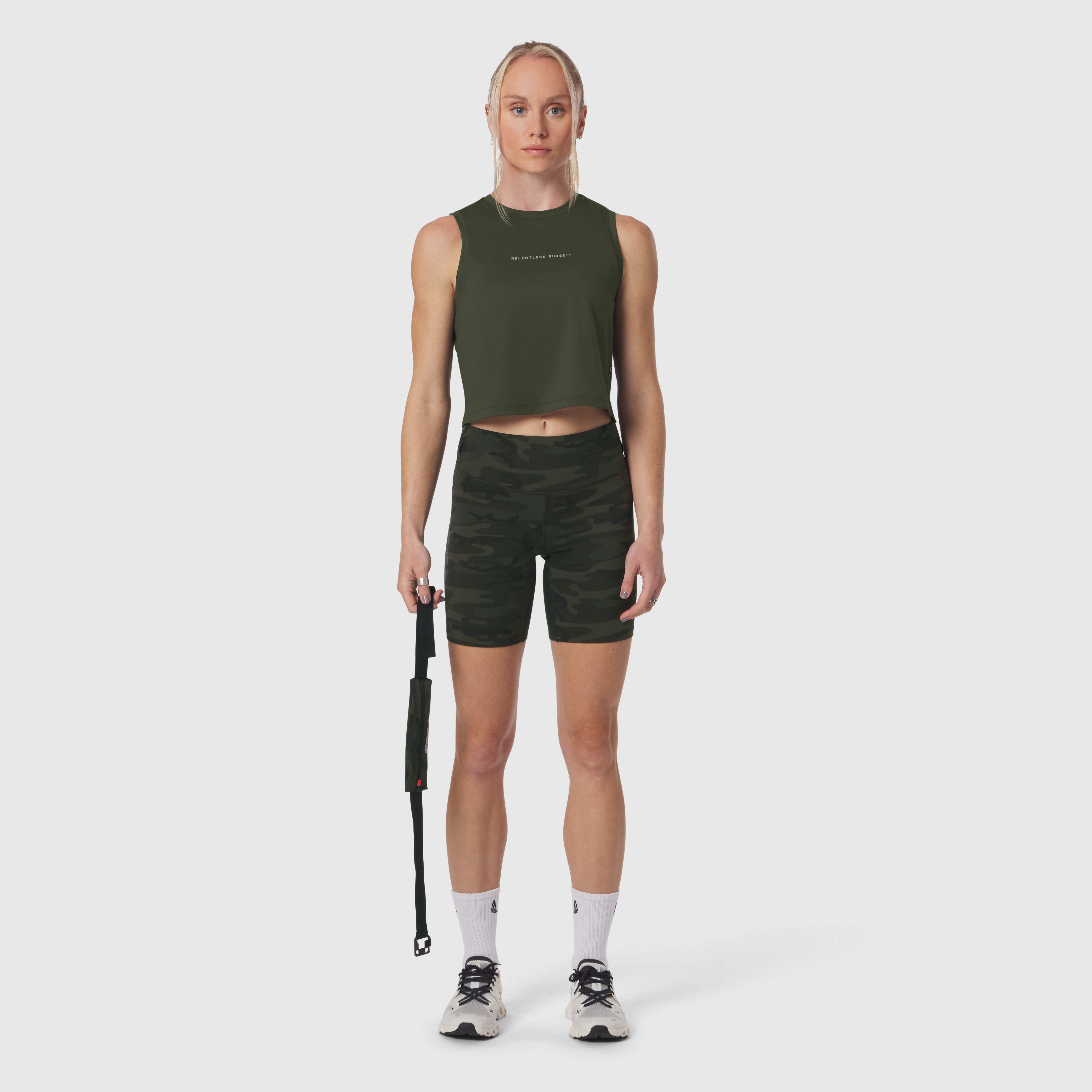 W029 LYCRA® 3-in-1 Biker Short in Dark Camo, worn with matching tank top