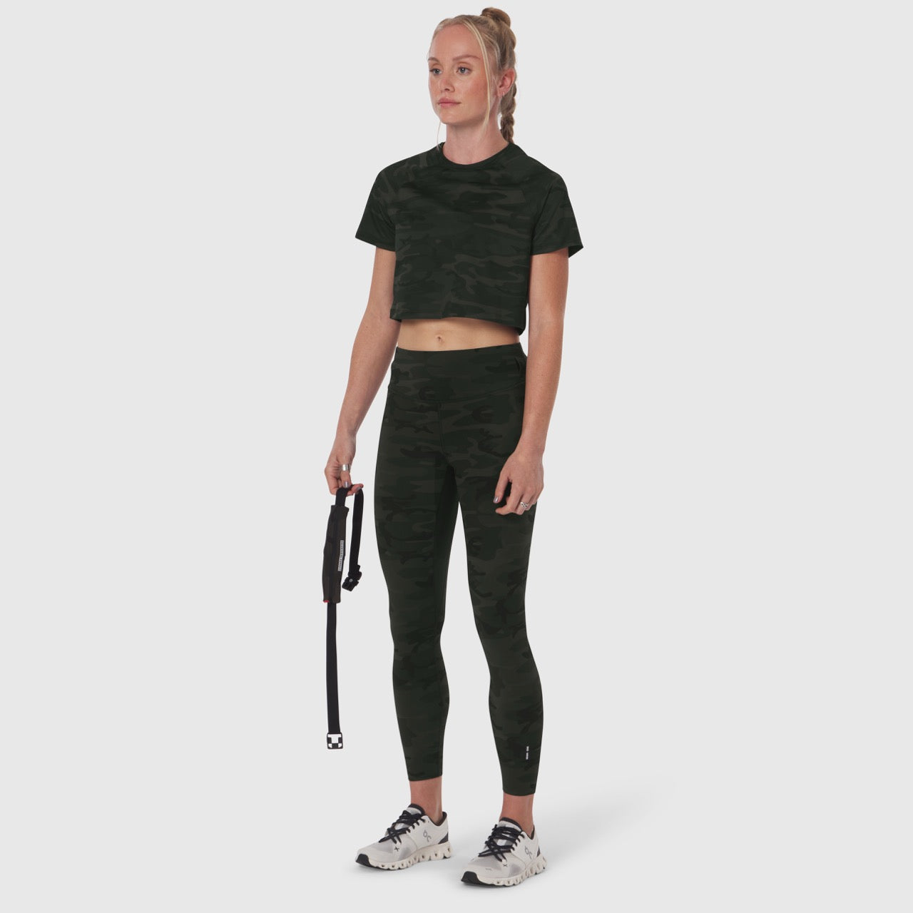 W030 LYCRA 3-in-1 Legging in Dark Camo, worn with matching crop top, front view