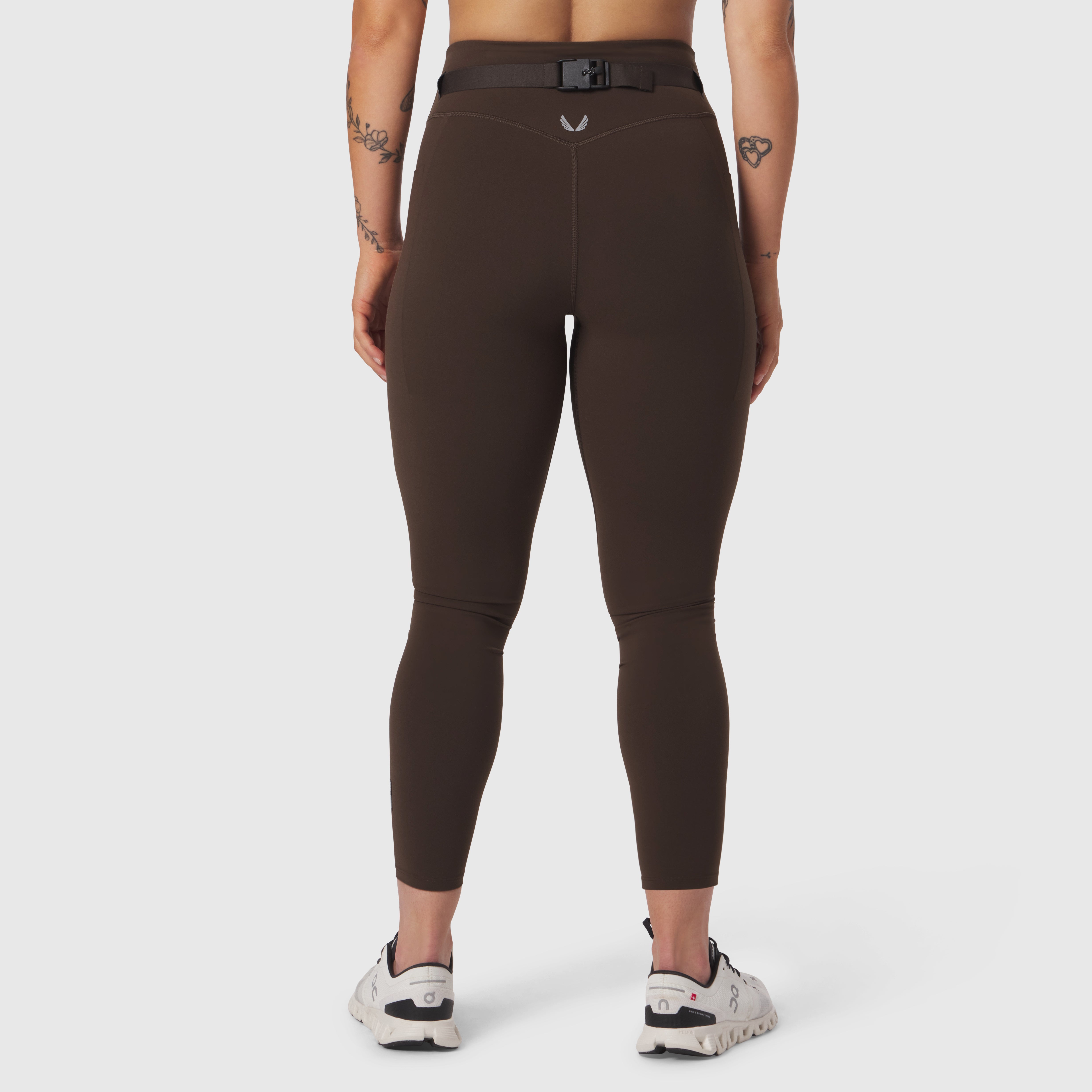 W030 LYCRA® 3-in-1 Legging in Dark Earth, back view on model