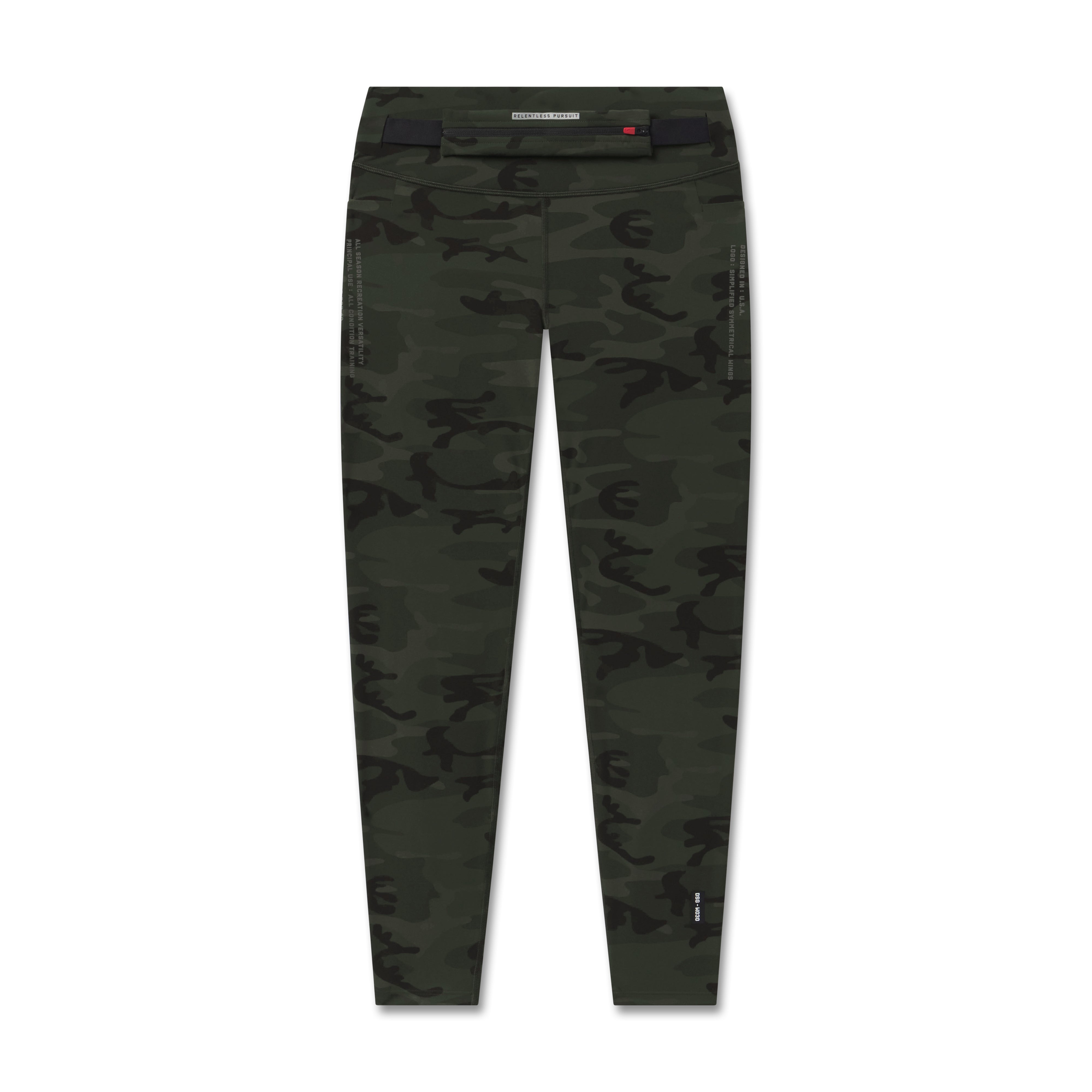 Flatlay of W030 LYCRA® 3-in-1 Legging in dark camo, front view