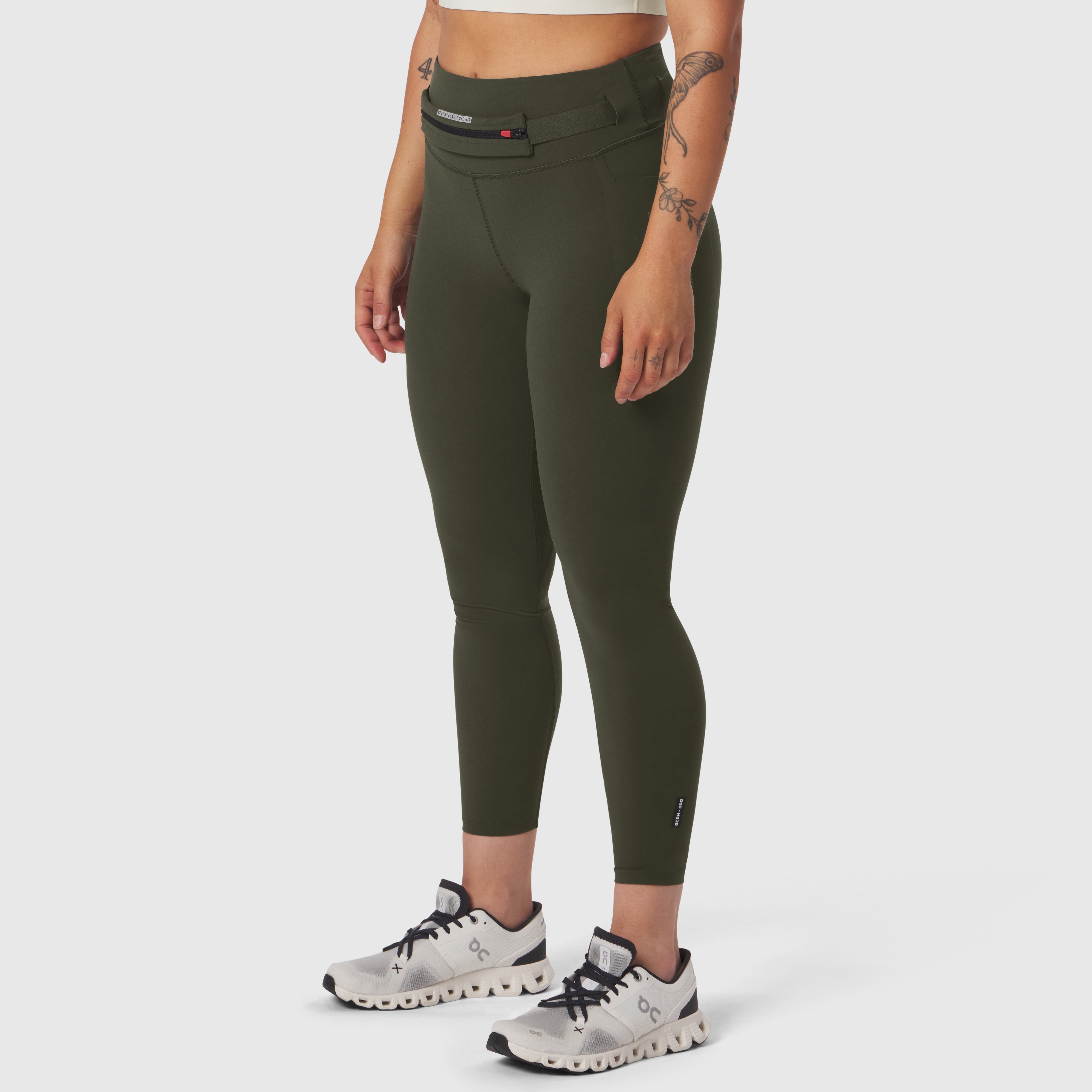 W030 Lycra 3-in-1 Legging in olive worn by model, side view