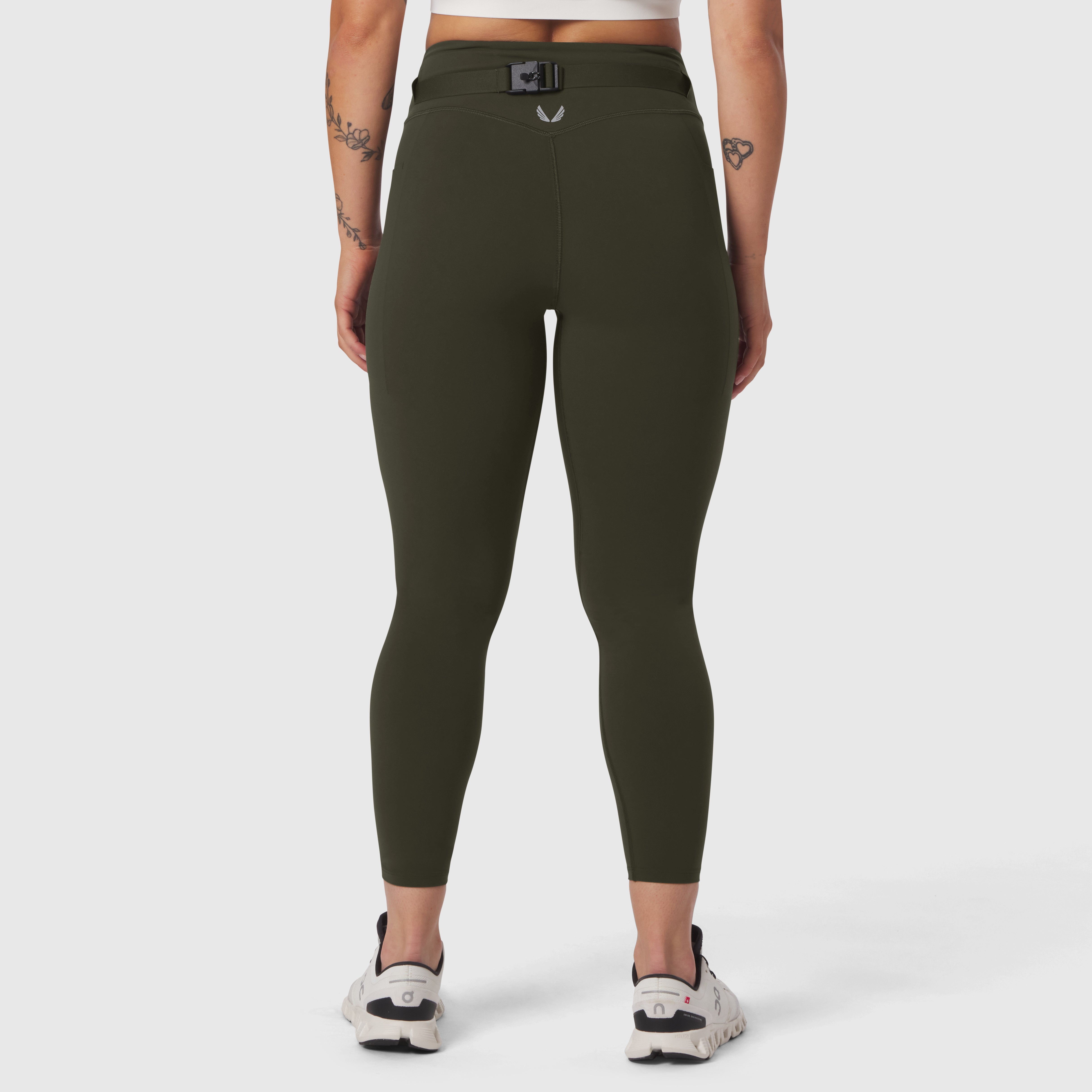 W030 LYCRA® 3-in-1 Legging in olive, back view on model