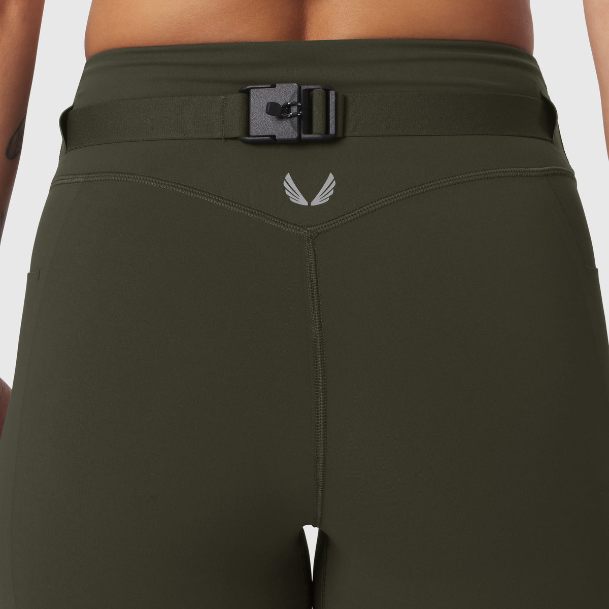 W030 LYCRA® 3-in-1 Legging in olive, back view worn with belt