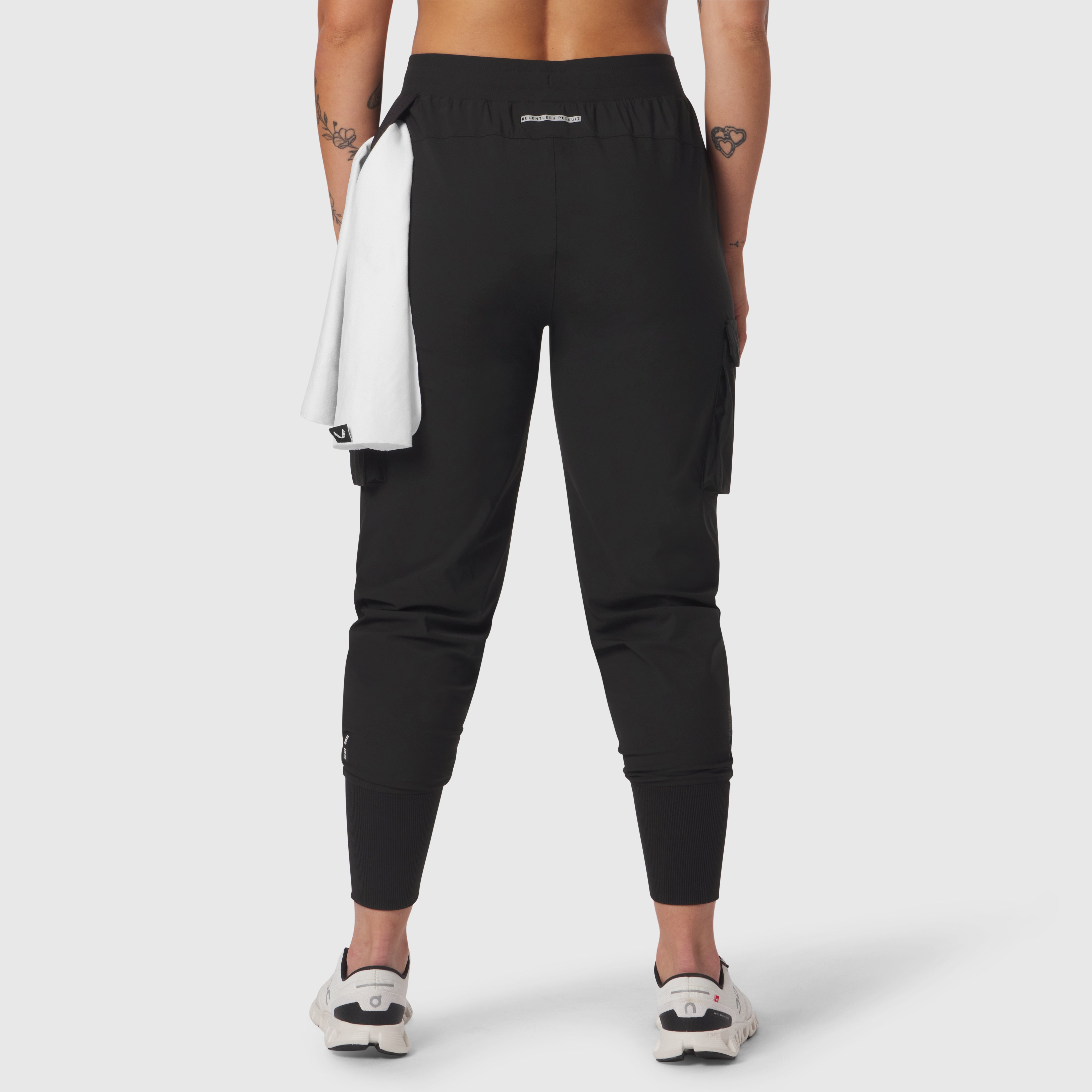 Black Tetra-Lite Cargo High Rib Jogger worn by model, back view