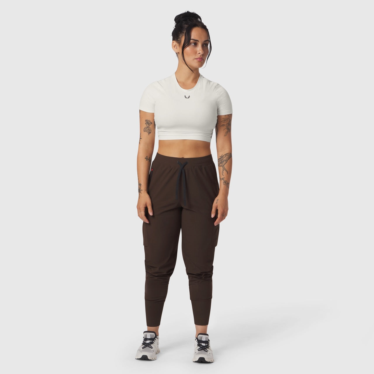 Tetra-Lite® Cargo High Rib Jogger in dark brown, worn by model in full-length front view