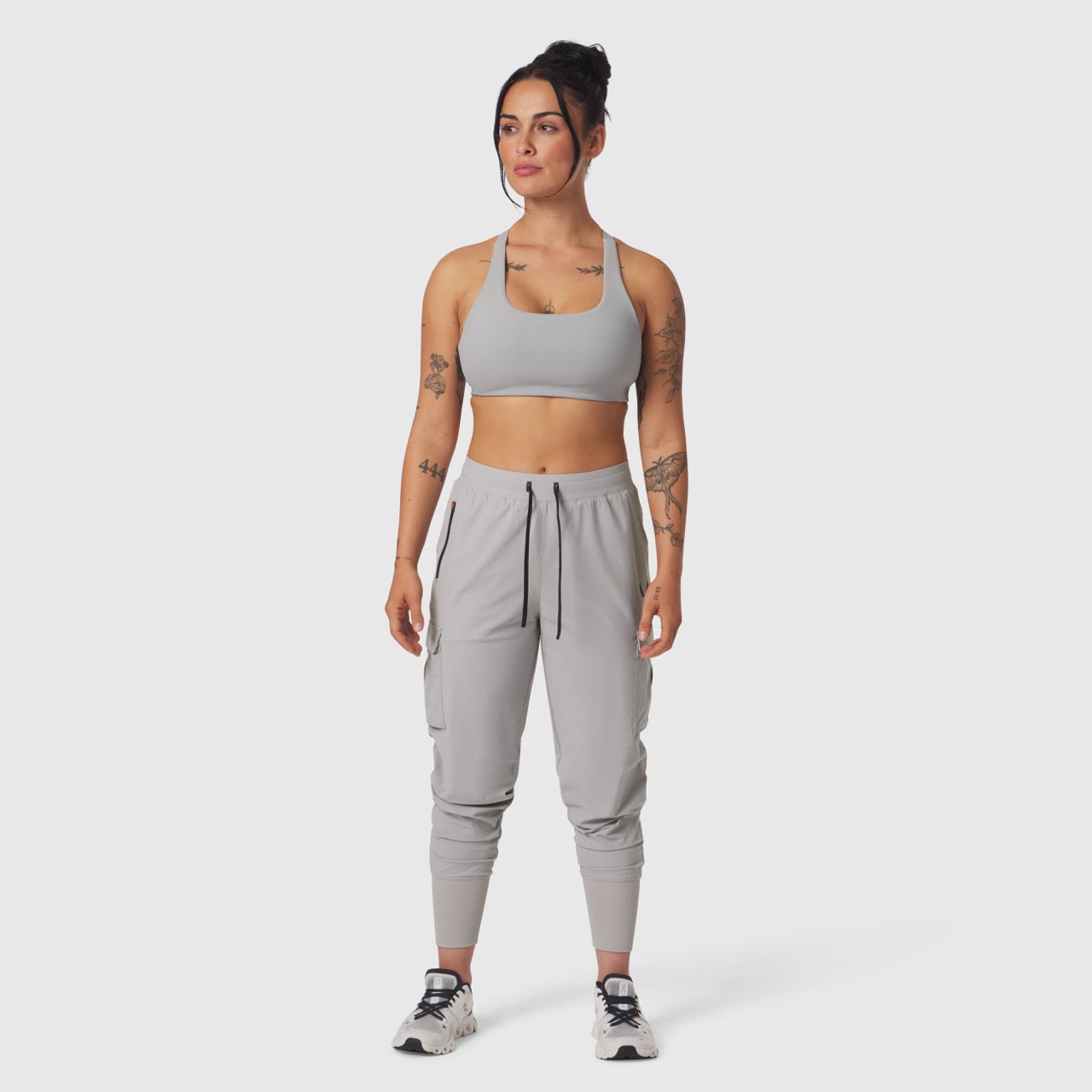 Tetra-Lite Cargo High Rib Jogger in Slate Grey, worn by model, front view