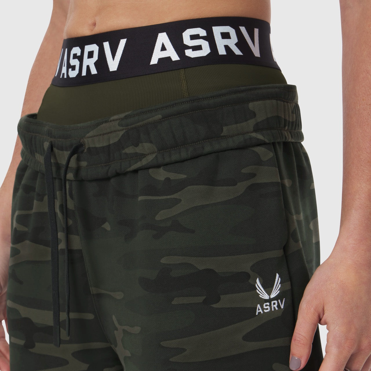 Dark camo Sorona® Terry Straight Leg Sweats worn by model, waist detail view