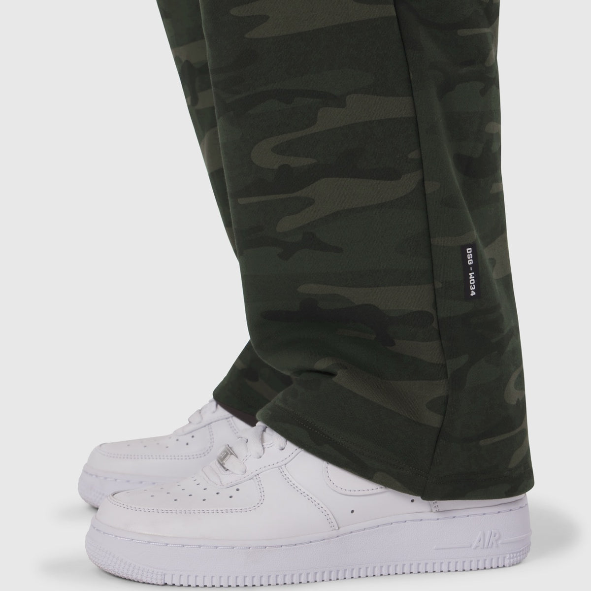 W034 Sorona® Terry Straight Leg Sweats in Dark Camo, worn with white sneakers