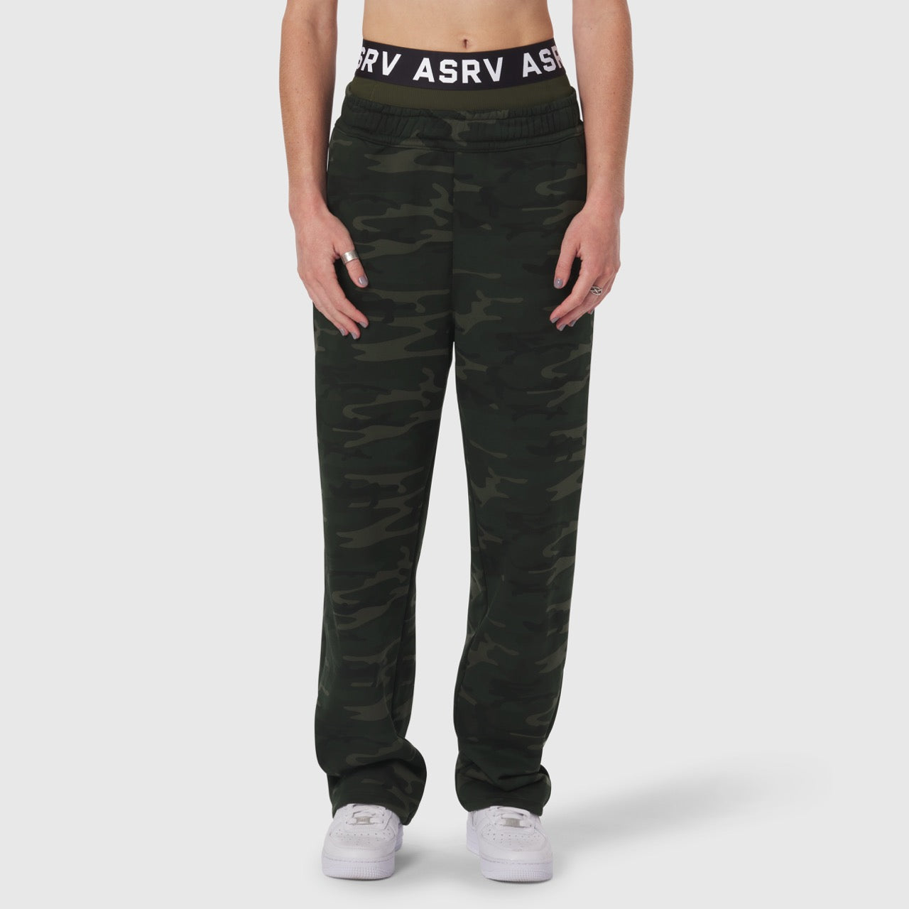 W034 Sorona® Terry Straight Leg Sweats in dark camo, worn by model, front view