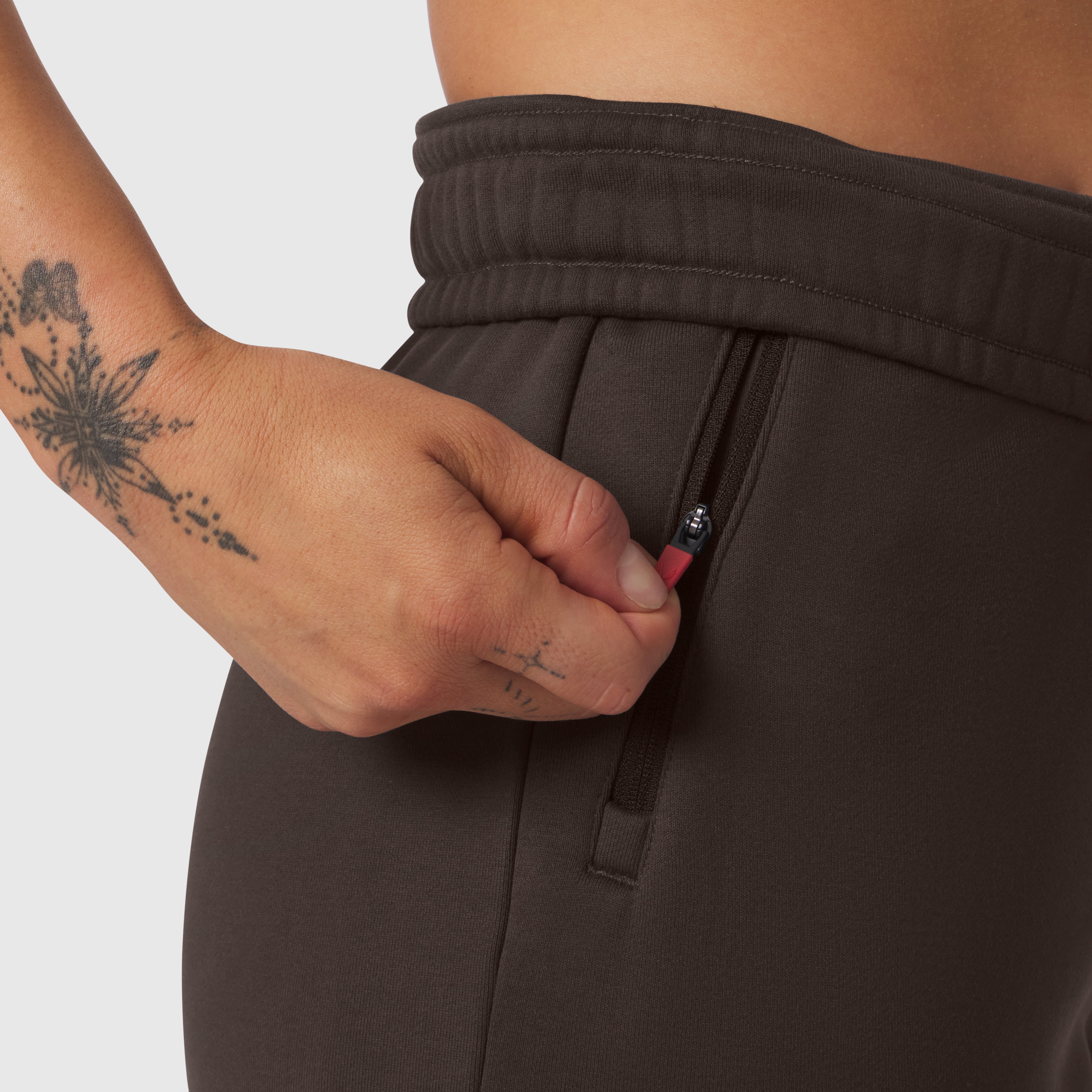 Sorona® Terry Straight Leg Sweats in Dark Earth, worn by model showing waistband detail