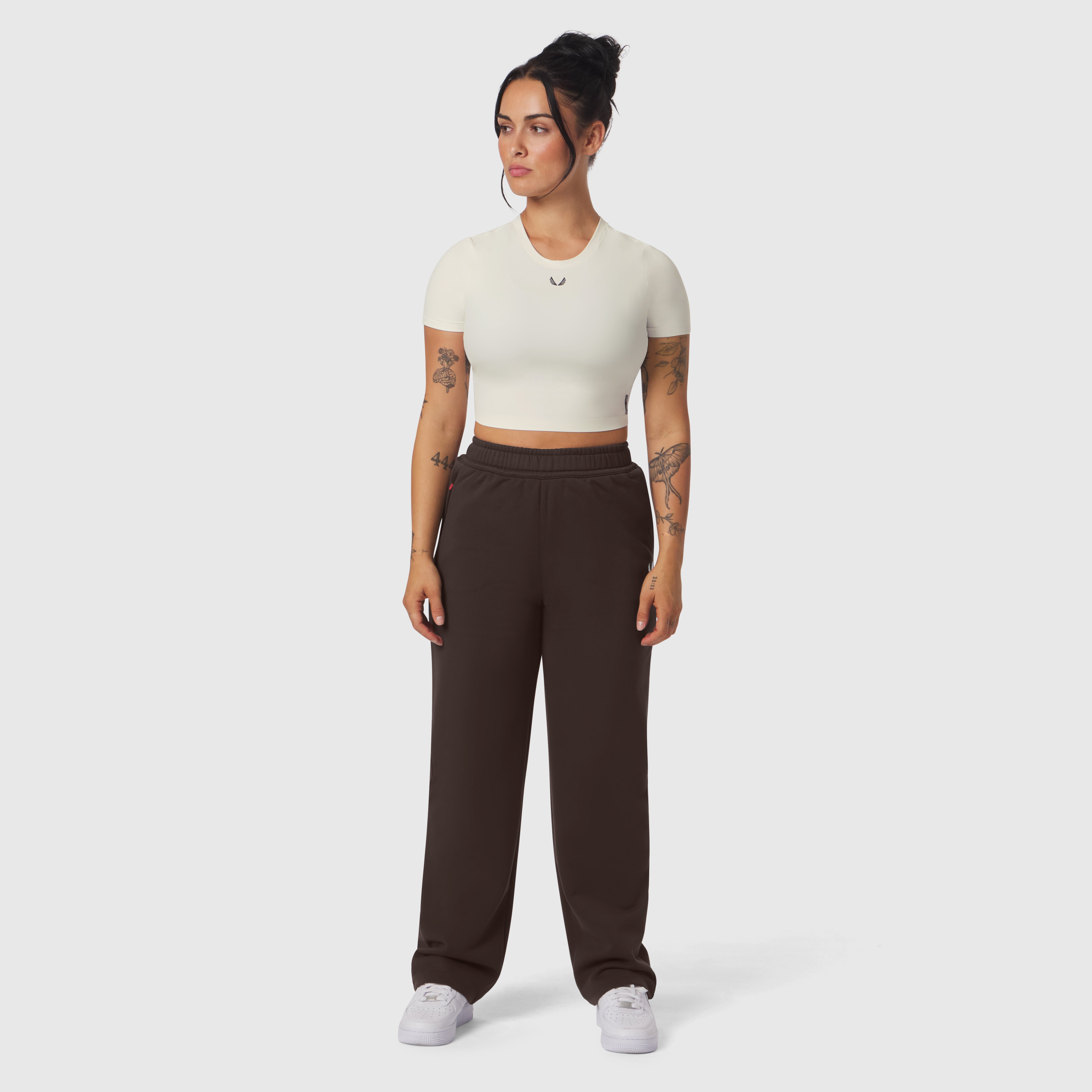 Sorona® Terry Straight Leg Sweats in Dark Earth, worn with cream crop tee, front view