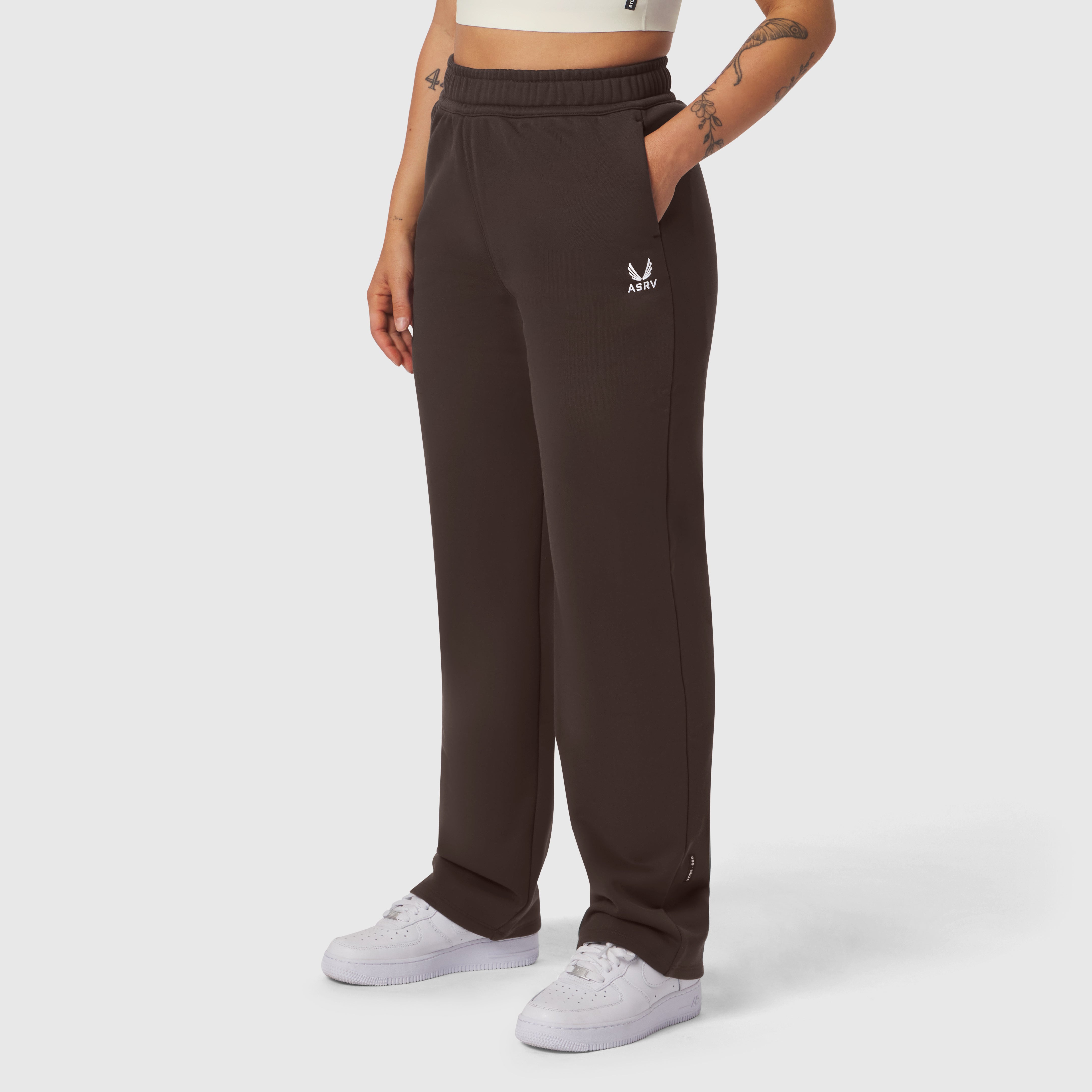 W034 Sorona® Terry Straight Leg Sweats in Dark Earth, worn by model with white sneakers
