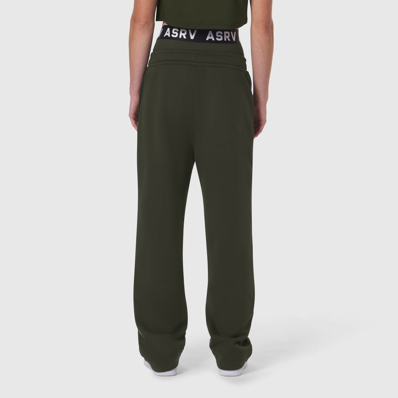 W034 Sorona® Terry Straight Leg Sweats in olive, back view on model