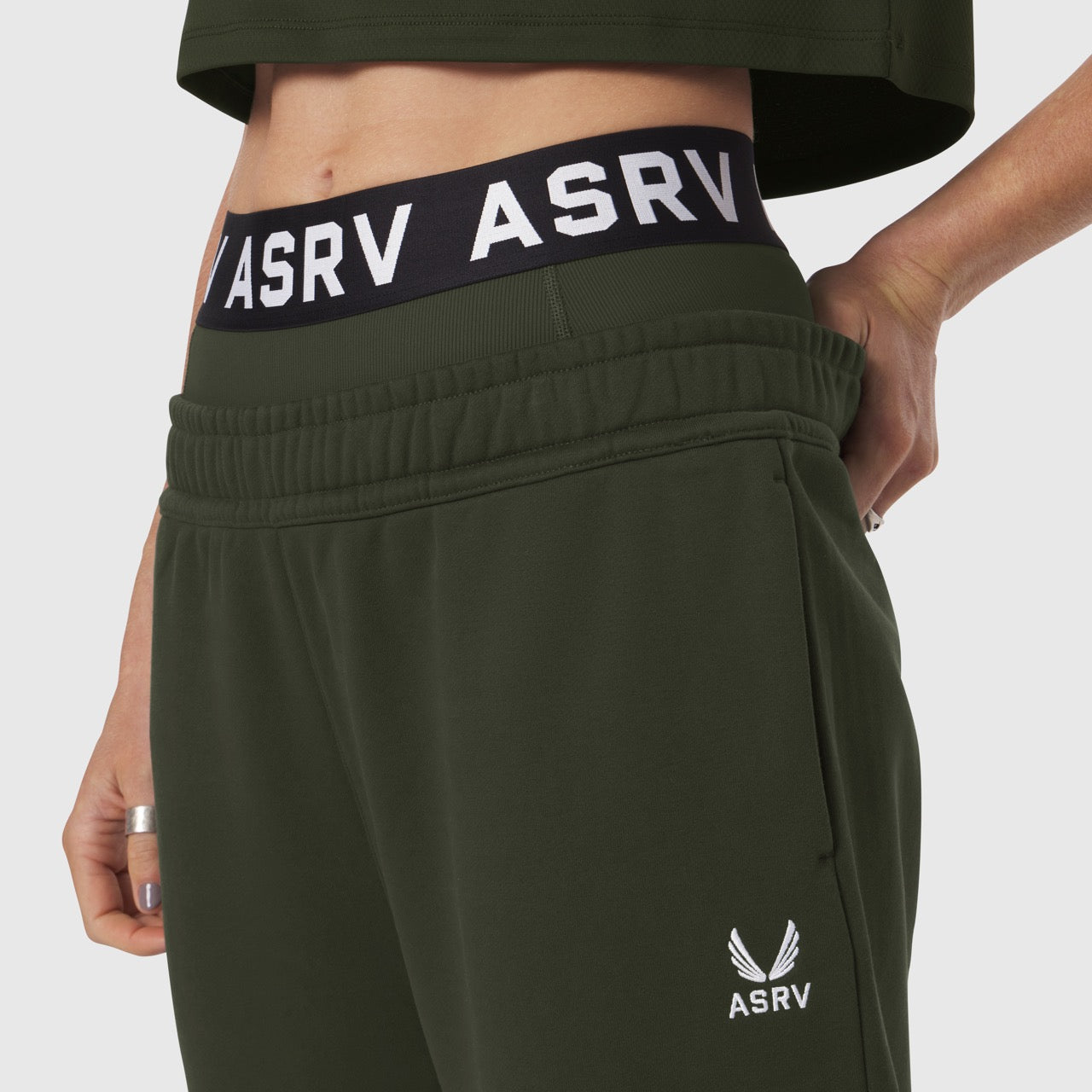 W034 Sorona® Terry Straight Leg Sweats in olive worn by model, waist detail view