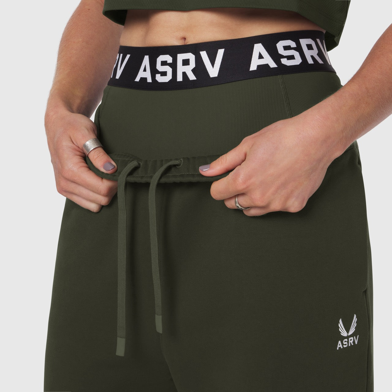 Olive Sorona® Terry straight leg sweats worn by model, waist detail view