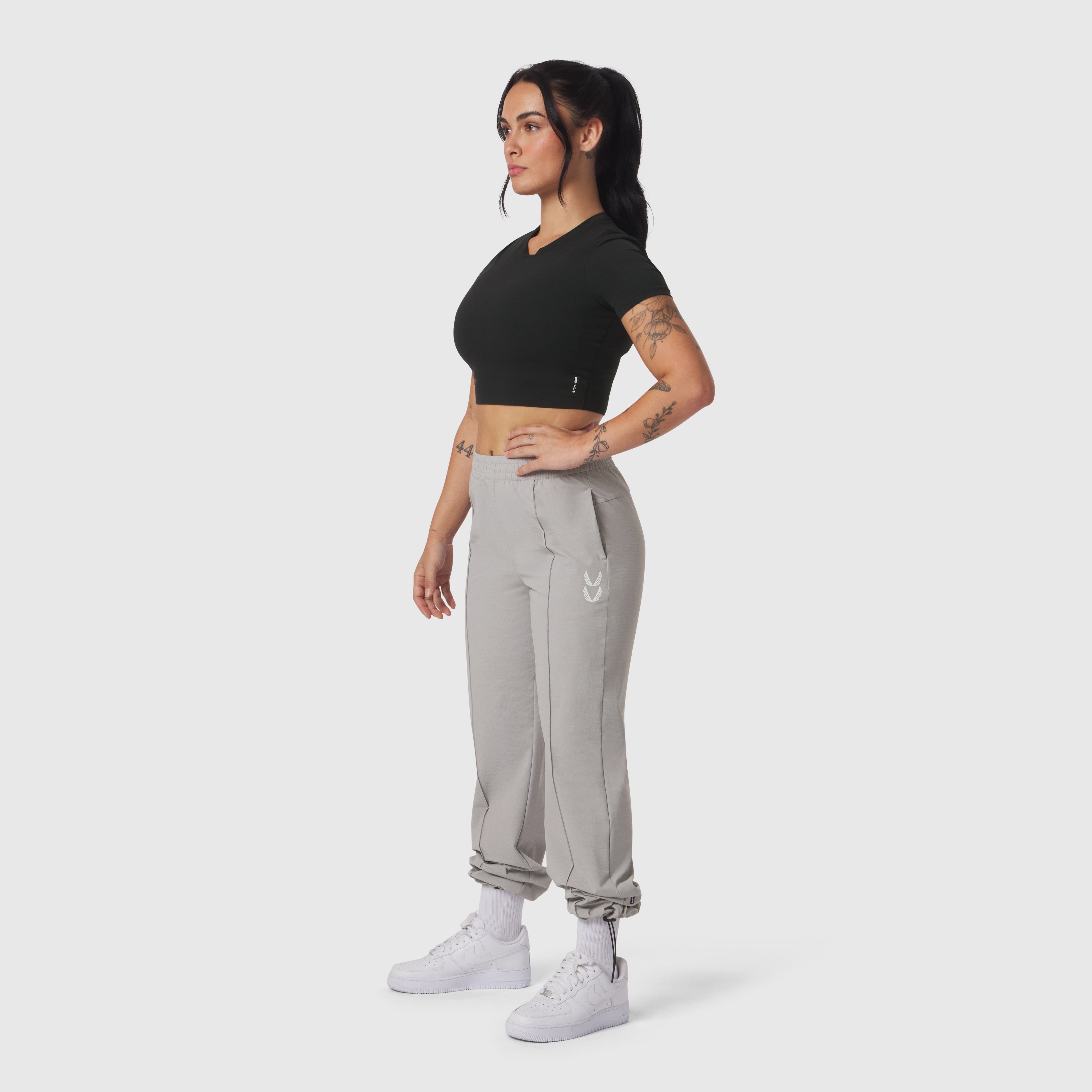 W036 Ripstop Relaxed Track Pant in slate grey, worn by model in side profile pose
