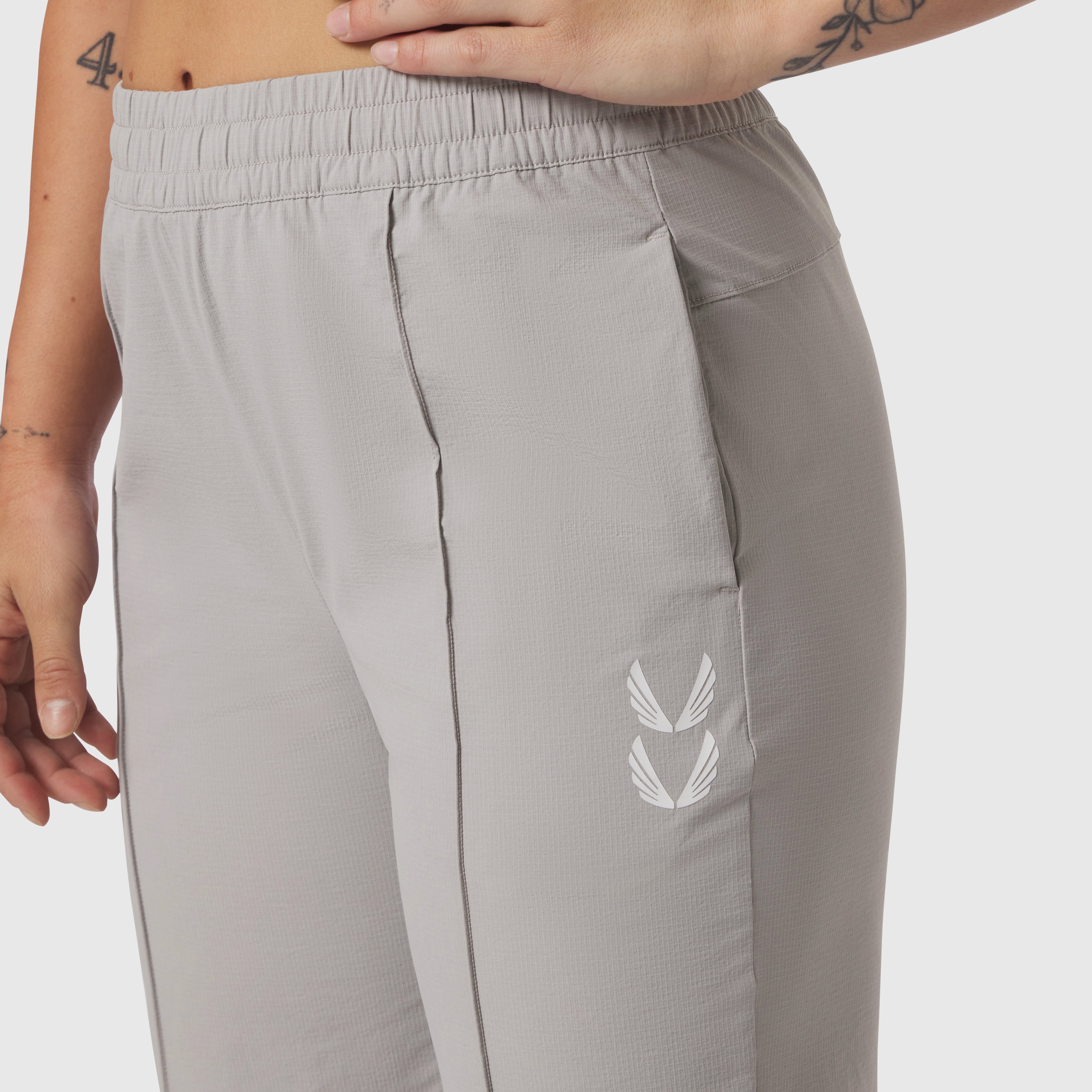 Ripstop Relaxed Track Pant in Slate Grey worn by model, side detail view