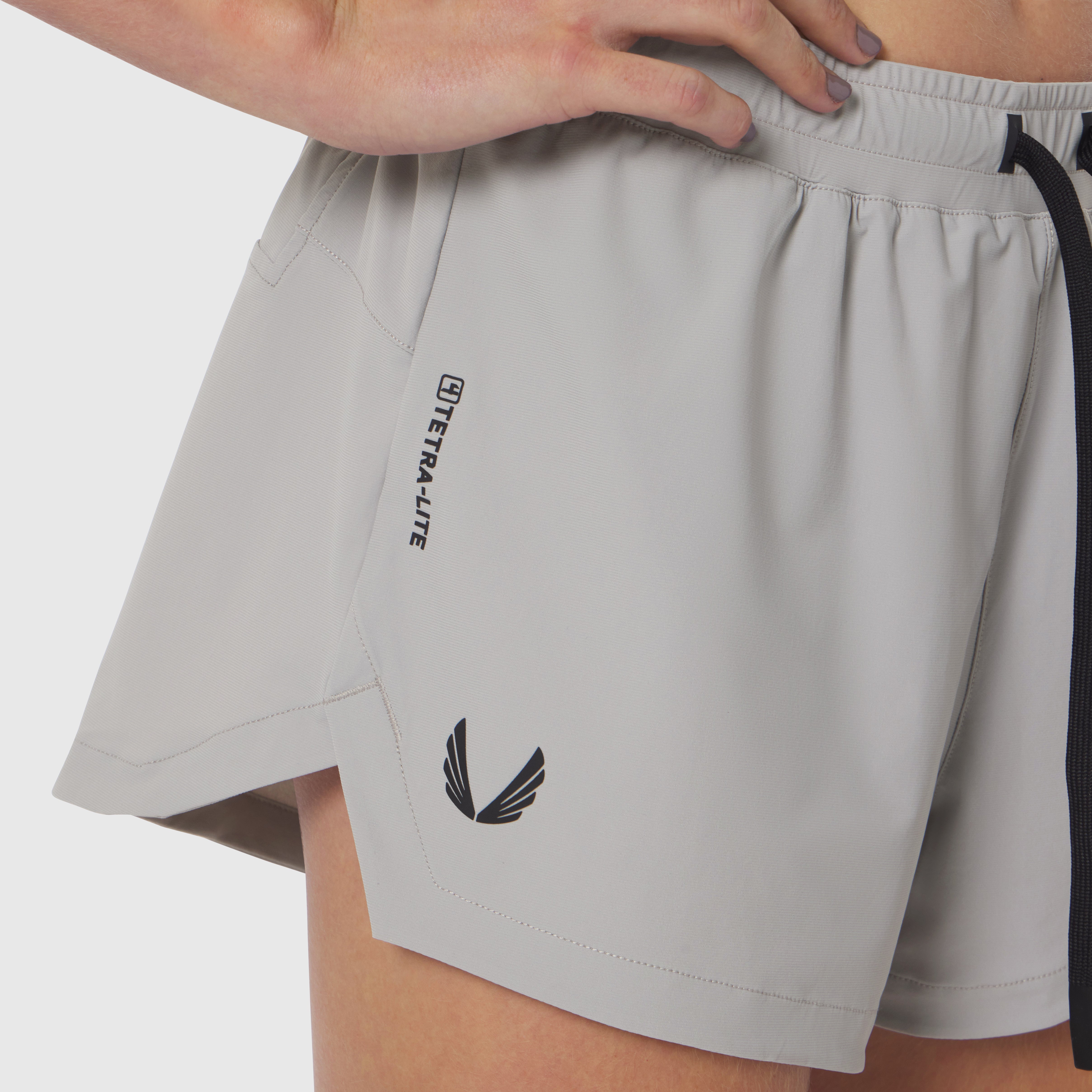 Tetra-Lite Linerless Short in slate grey worn by model, side detail view
