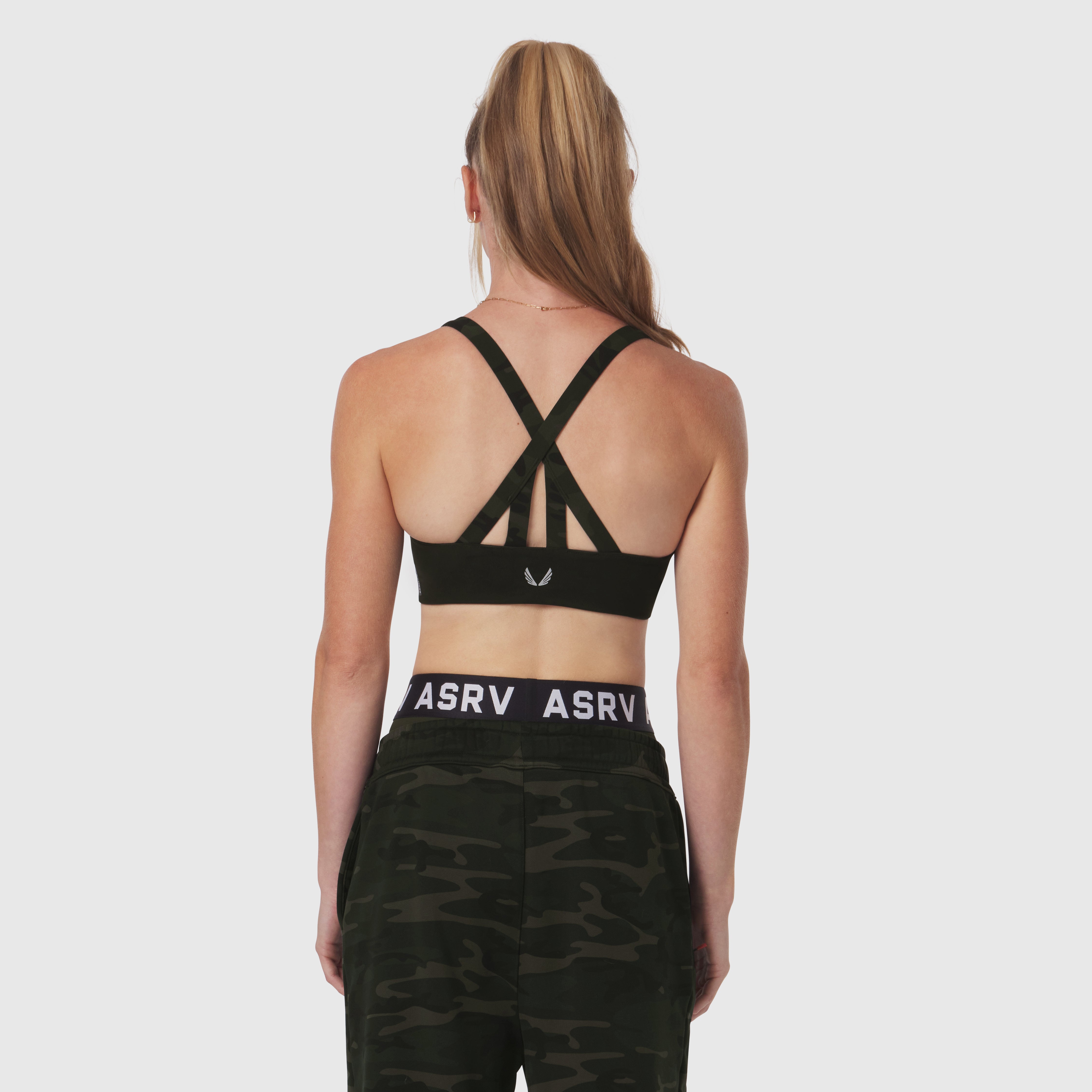 W039 Lycra Hybrid Sports Bra in dark camo, back view on model