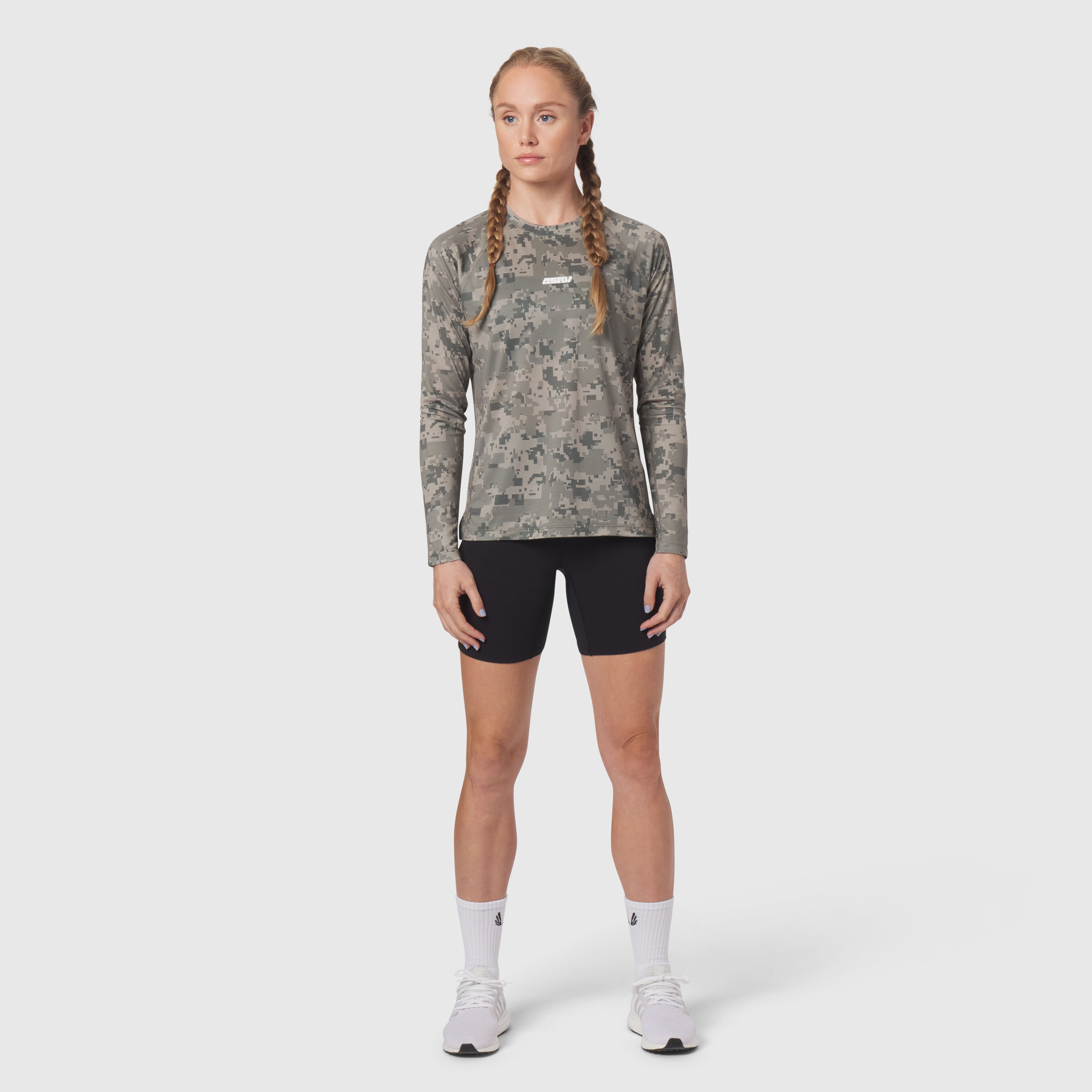 Polartec® Delta Longsleeve in digital camo worn with black shorts, front view