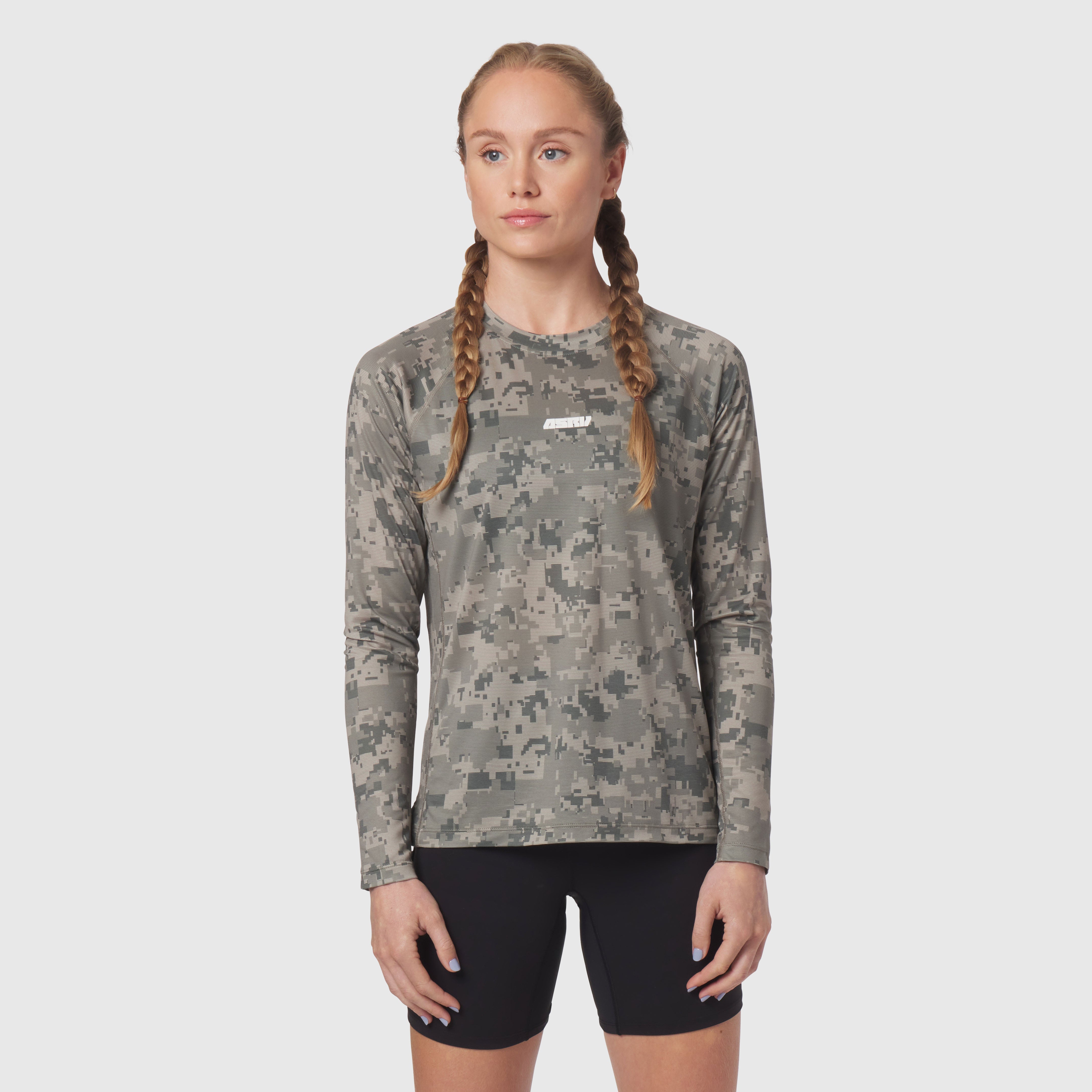 Polartec® Delta Longsleeve in digital camo worn by model, front view
