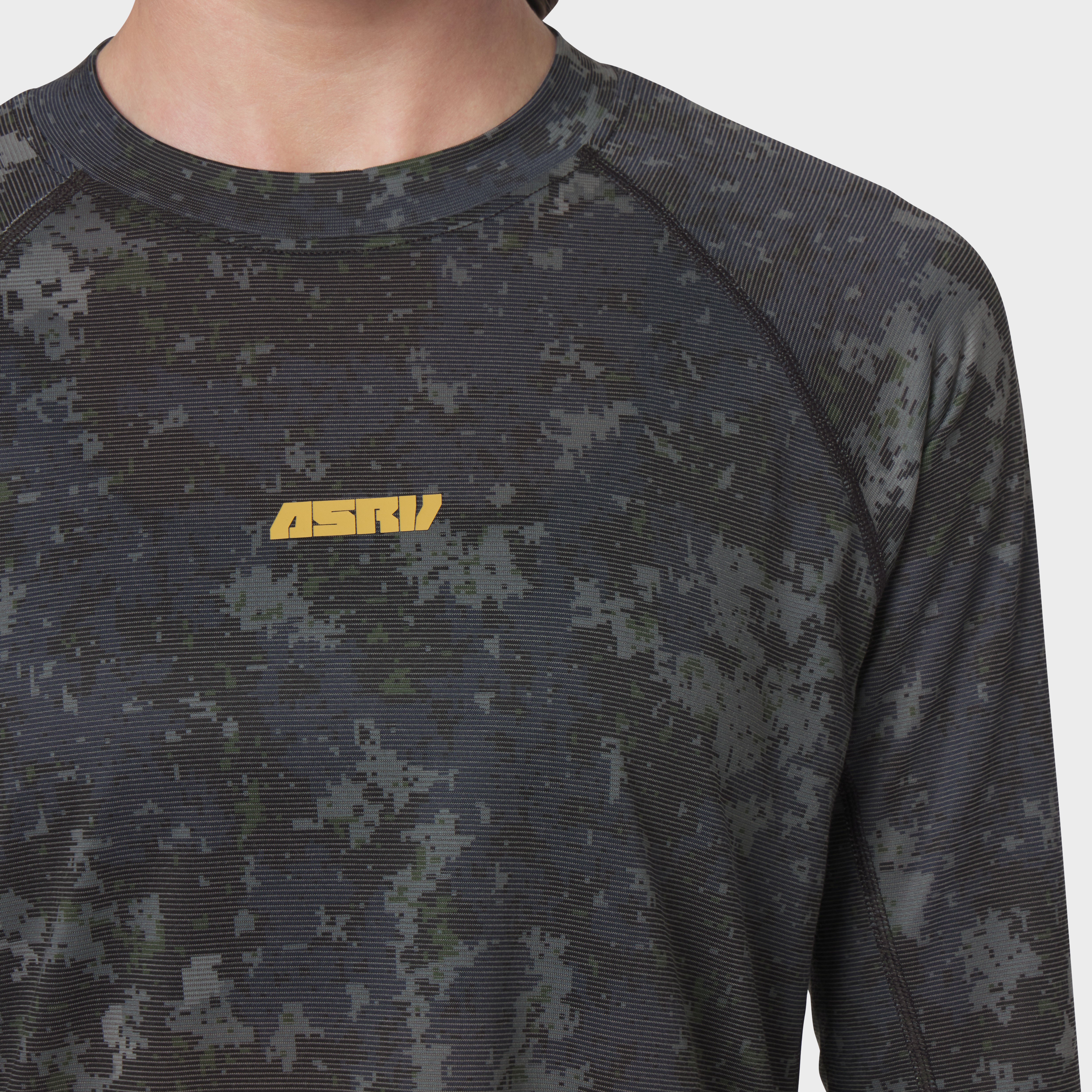 Polartec Delta longsleeve in pixel camo grey worn by model, front view