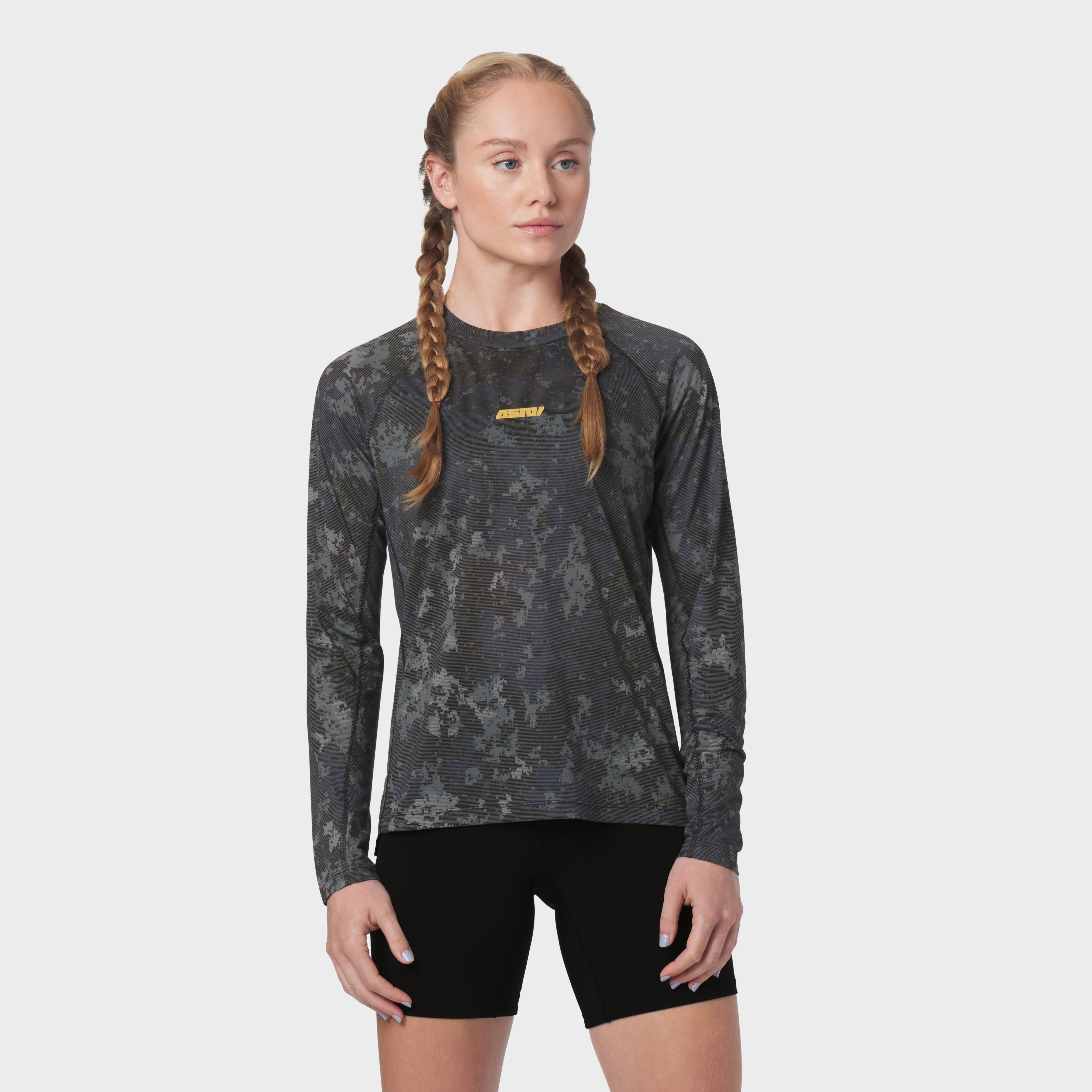 Polartec® Delta Longsleeve in pixel camo worn by model, front view