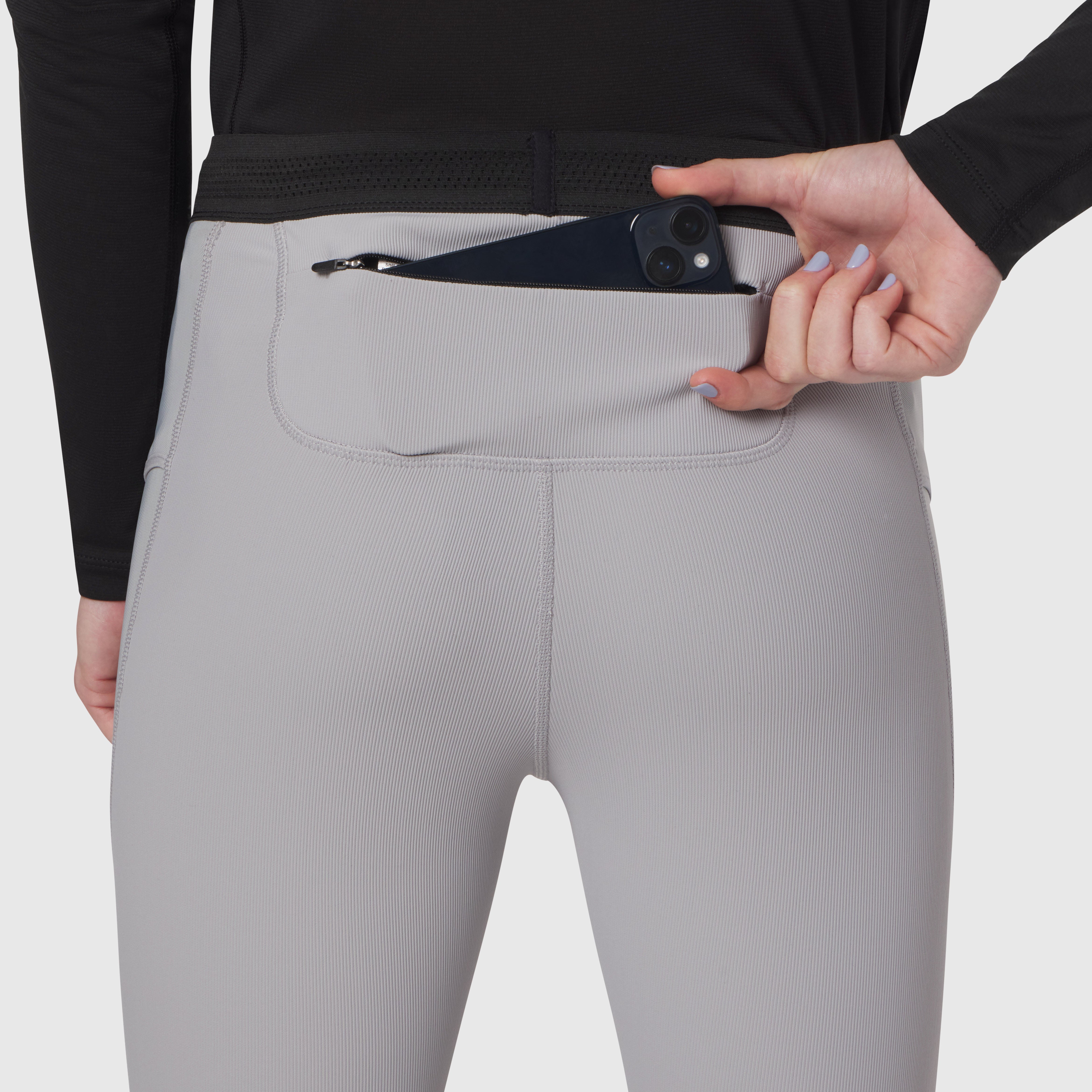 Lycra® Ribbed Running Tight in slate grey, worn by model with hand in back pocket