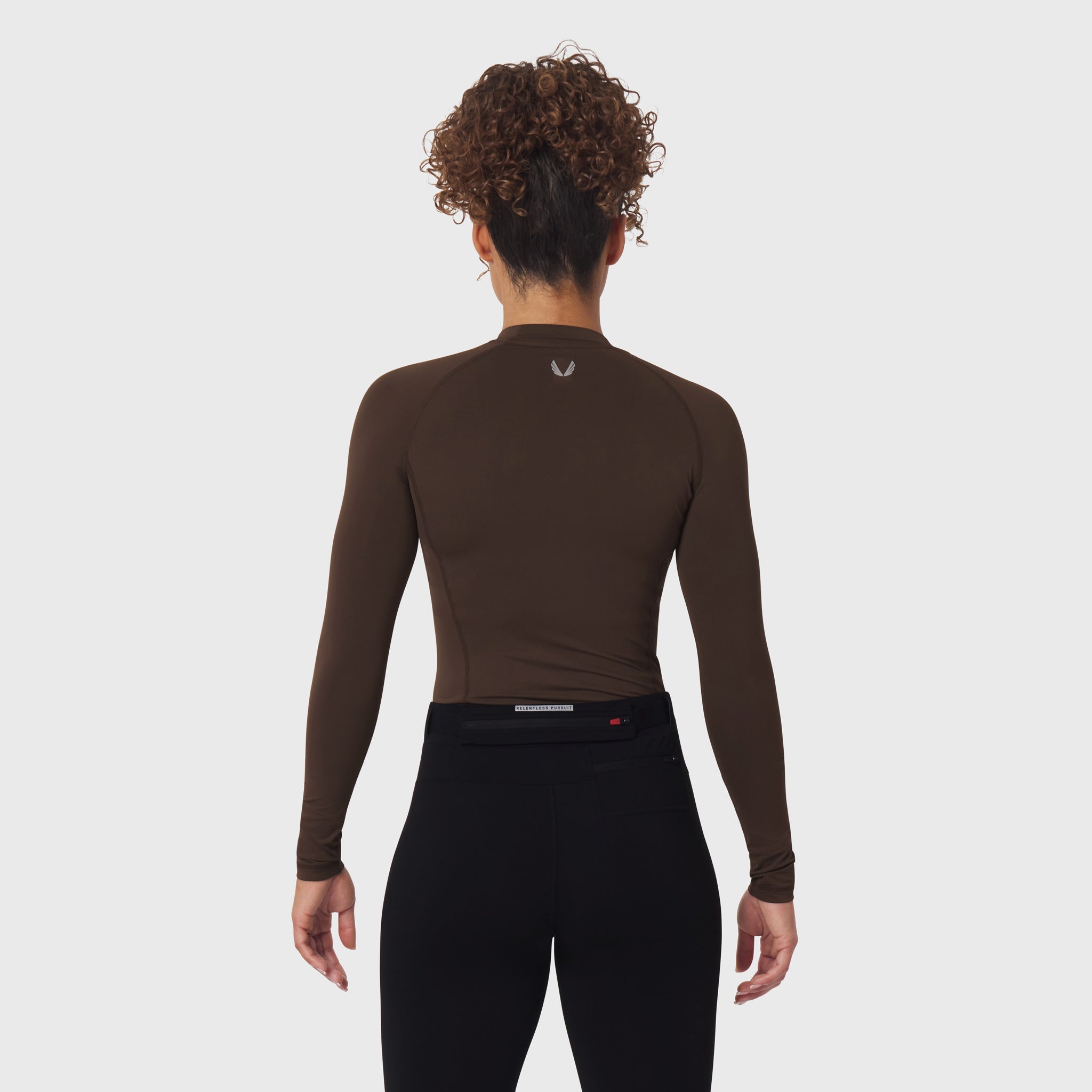LYCRA® ADAPTIV Baselayer Longsleeve in Dark Earth, back view on model