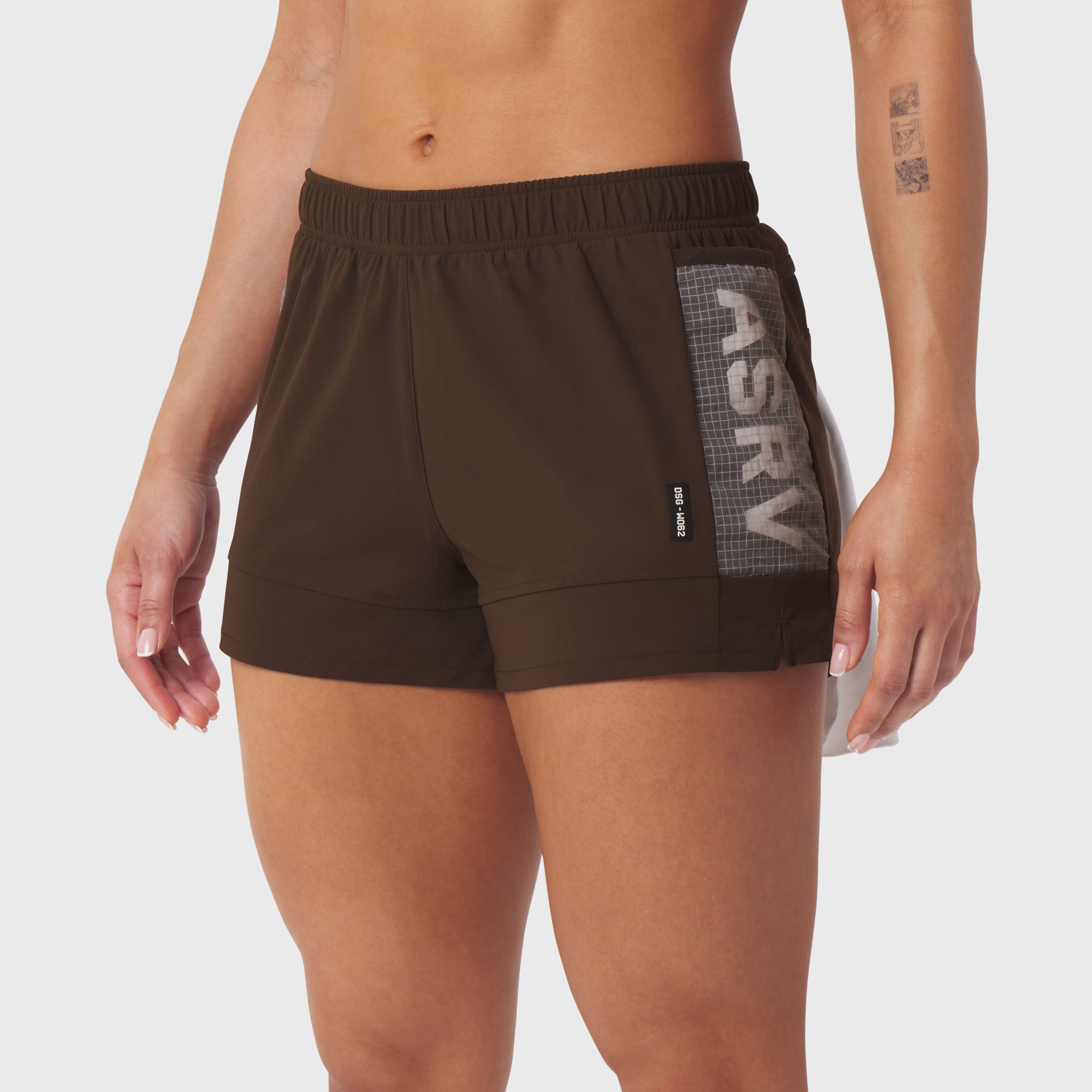 Tetra-Lite Adventure Short in dark earth, worn by model, front view