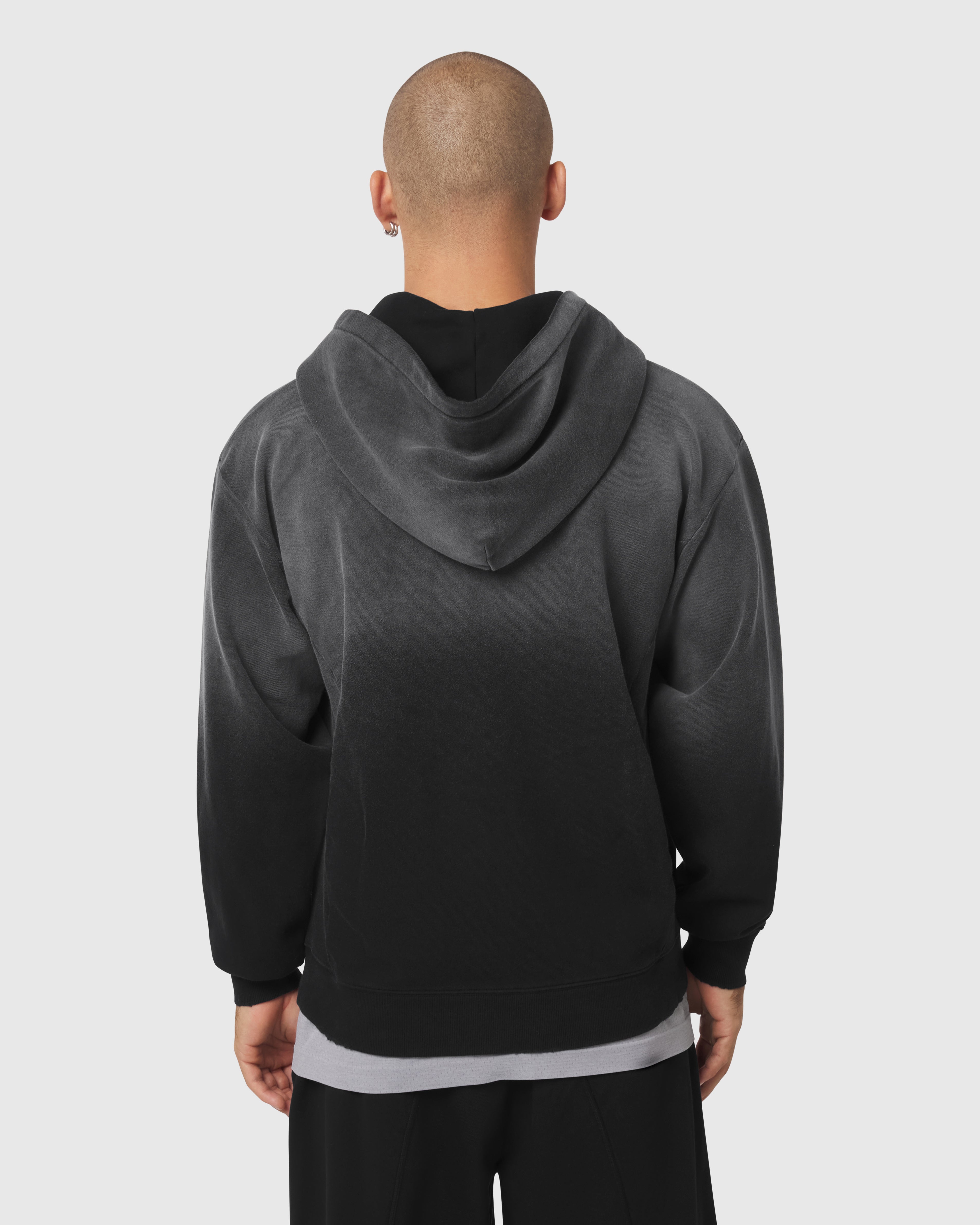 0843. Tech Essential™ Distressed Full Zip Hoodie - Black Sun Fade