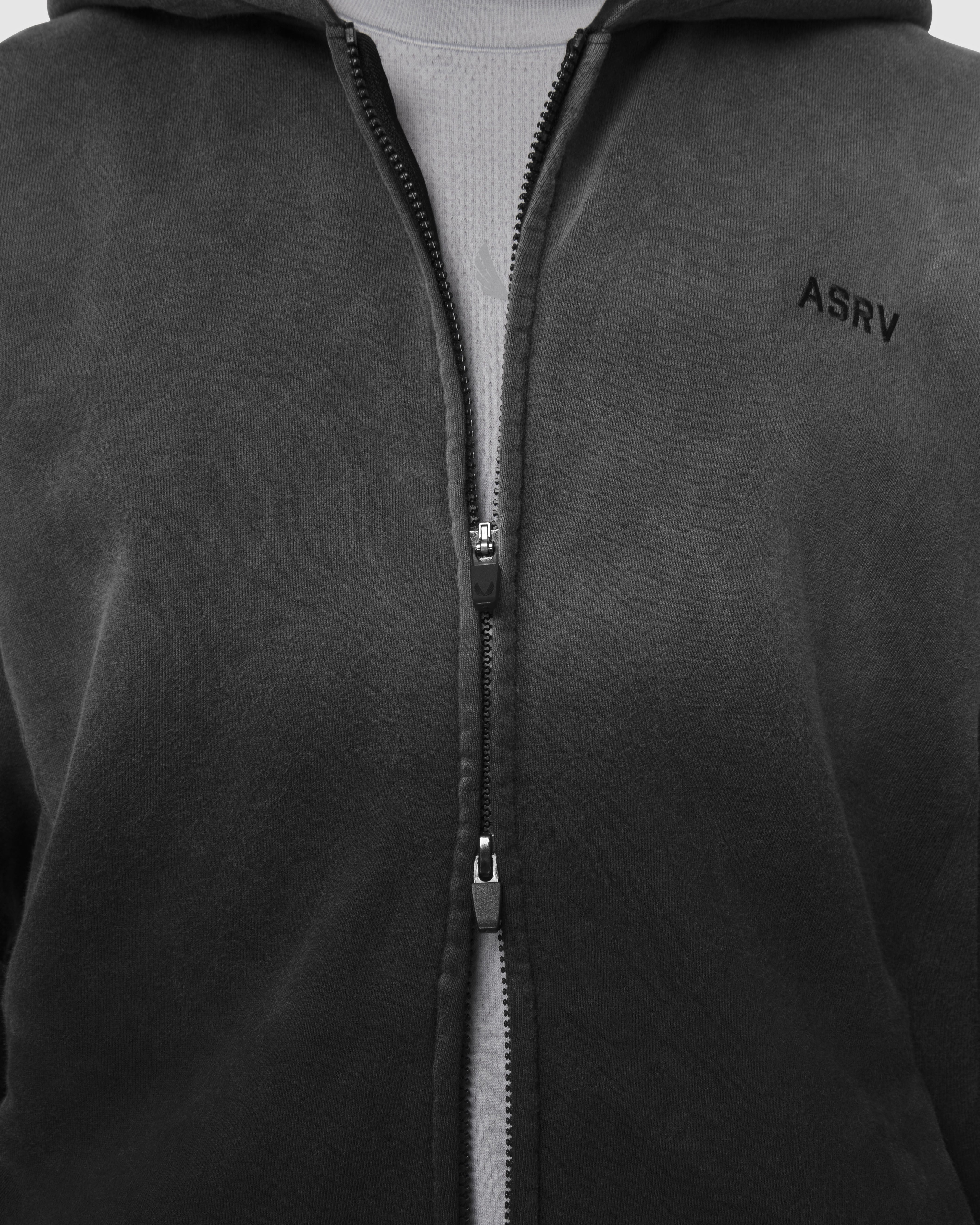 0843. Tech Essential™ Distressed Full Zip Hoodie - Black Sun Fade