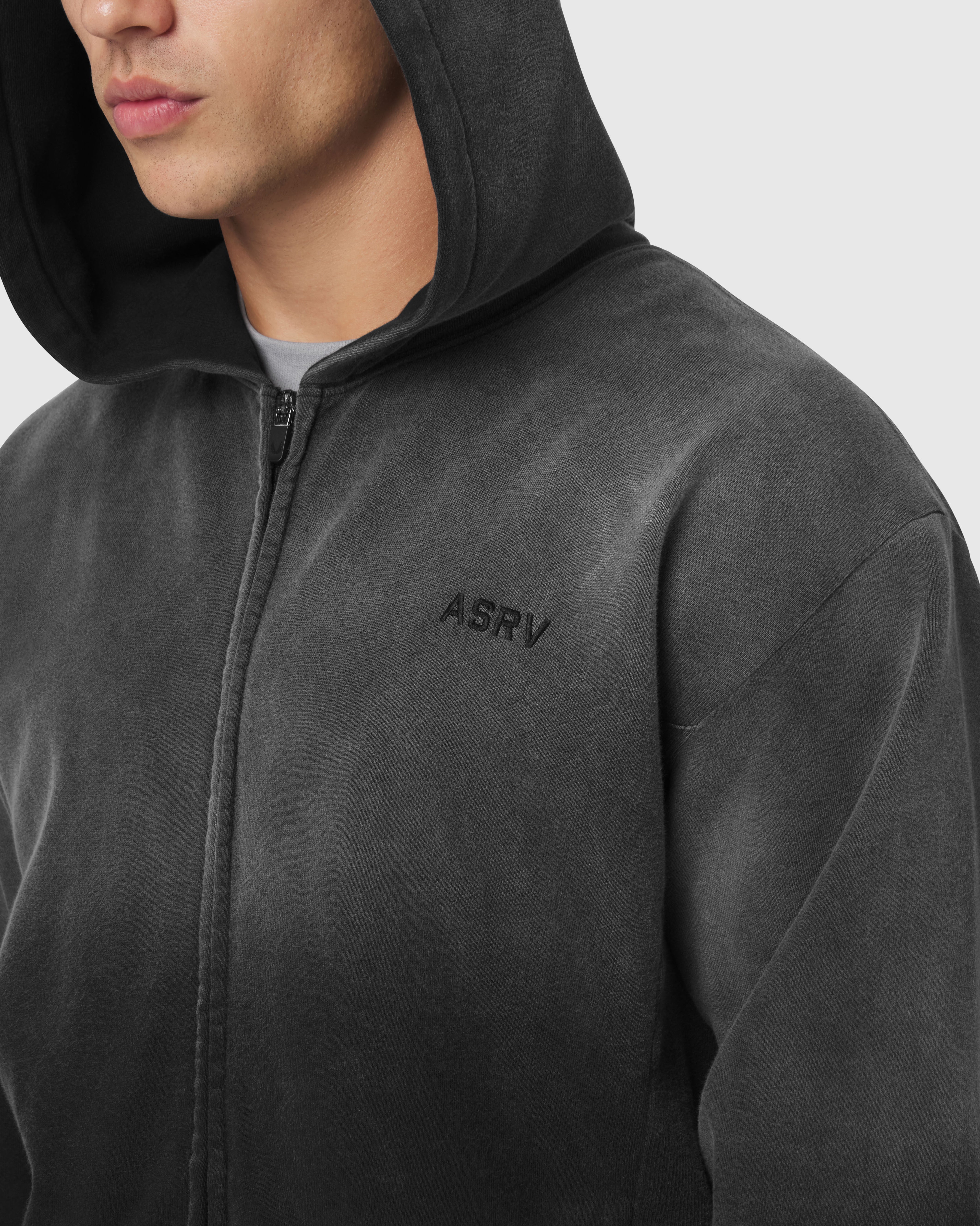 0843. Tech Essential™ Distressed Full Zip Hoodie - Black Sun Fade