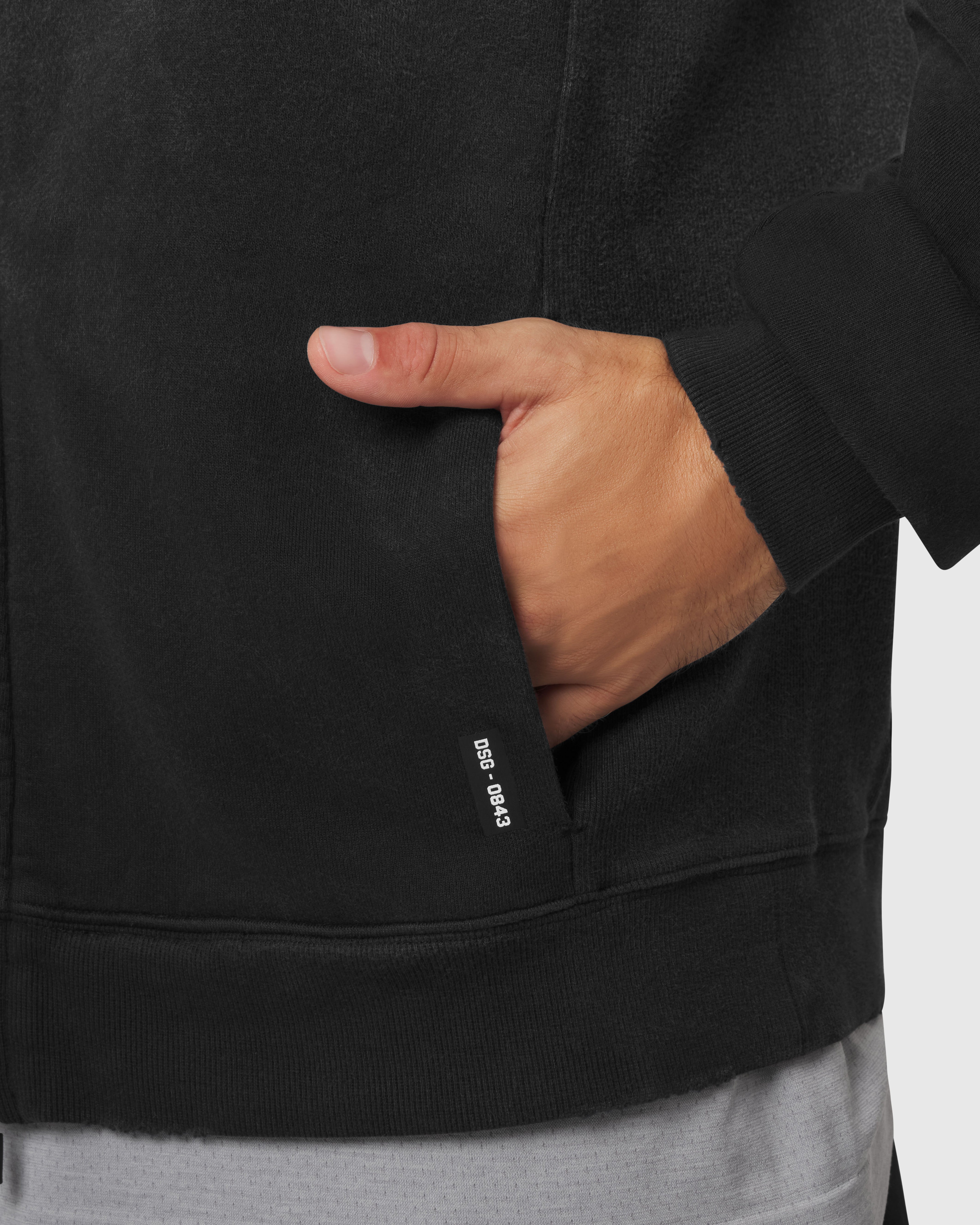 0843. Tech Essential™ Distressed Full Zip Hoodie - Black Sun Fade
