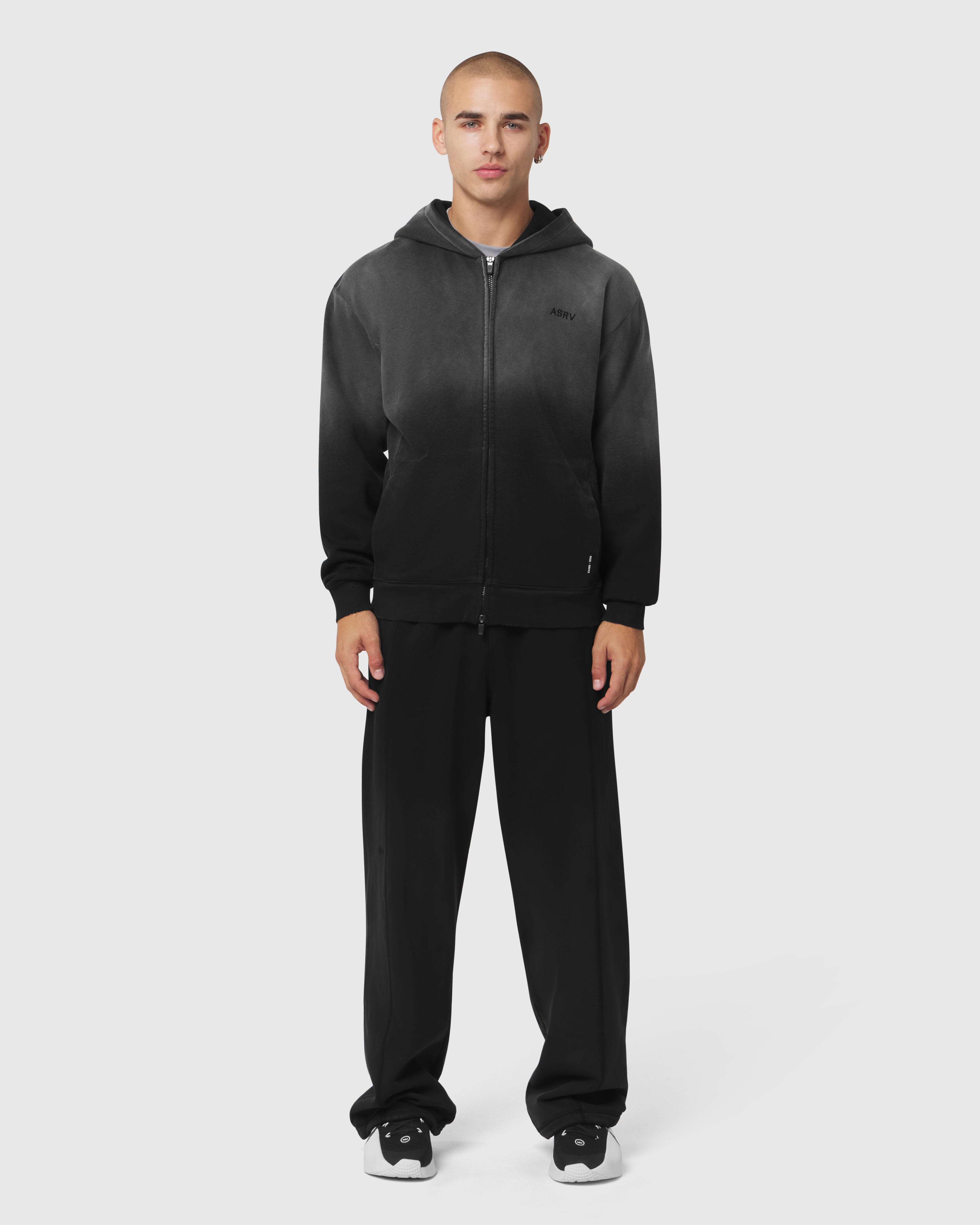 0843. Tech Essential™ Distressed Full Zip Hoodie - Black Sun Fade