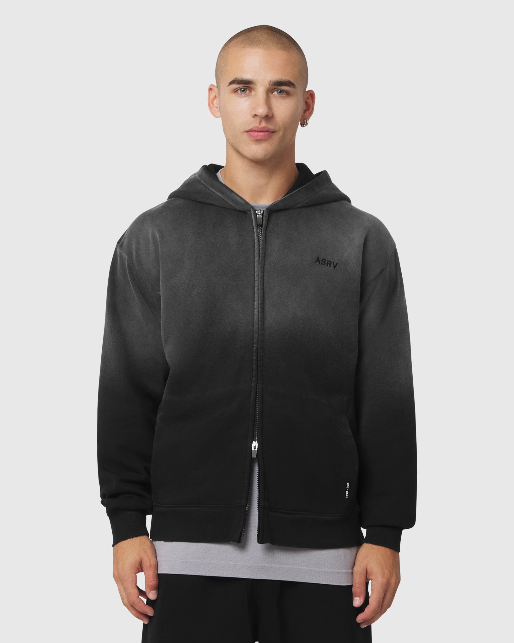 0843. Tech Essential™ Distressed Full Zip Hoodie - Black Sun Fade