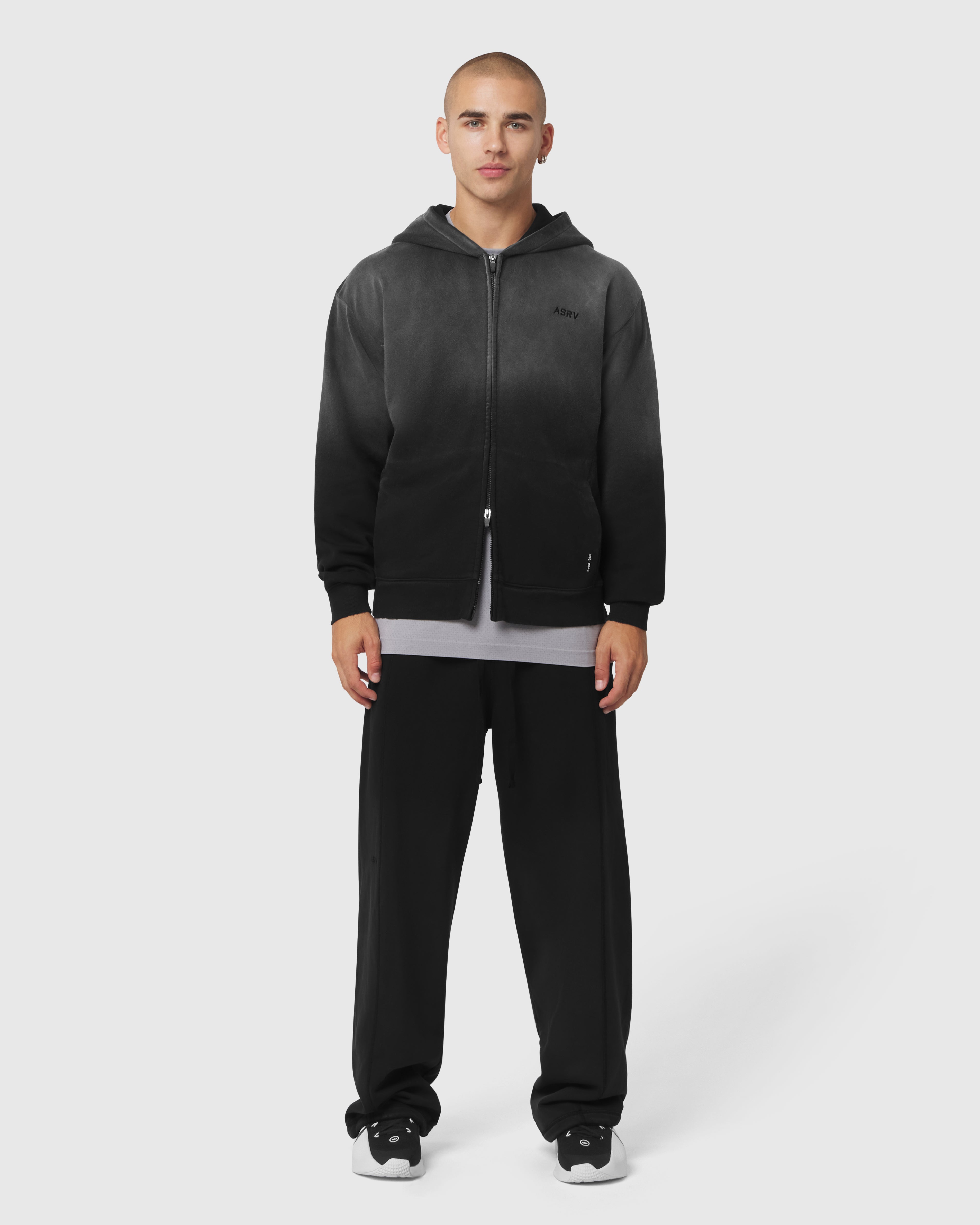 0843. Tech Essential™ Distressed Full Zip Hoodie - Black Sun Fade